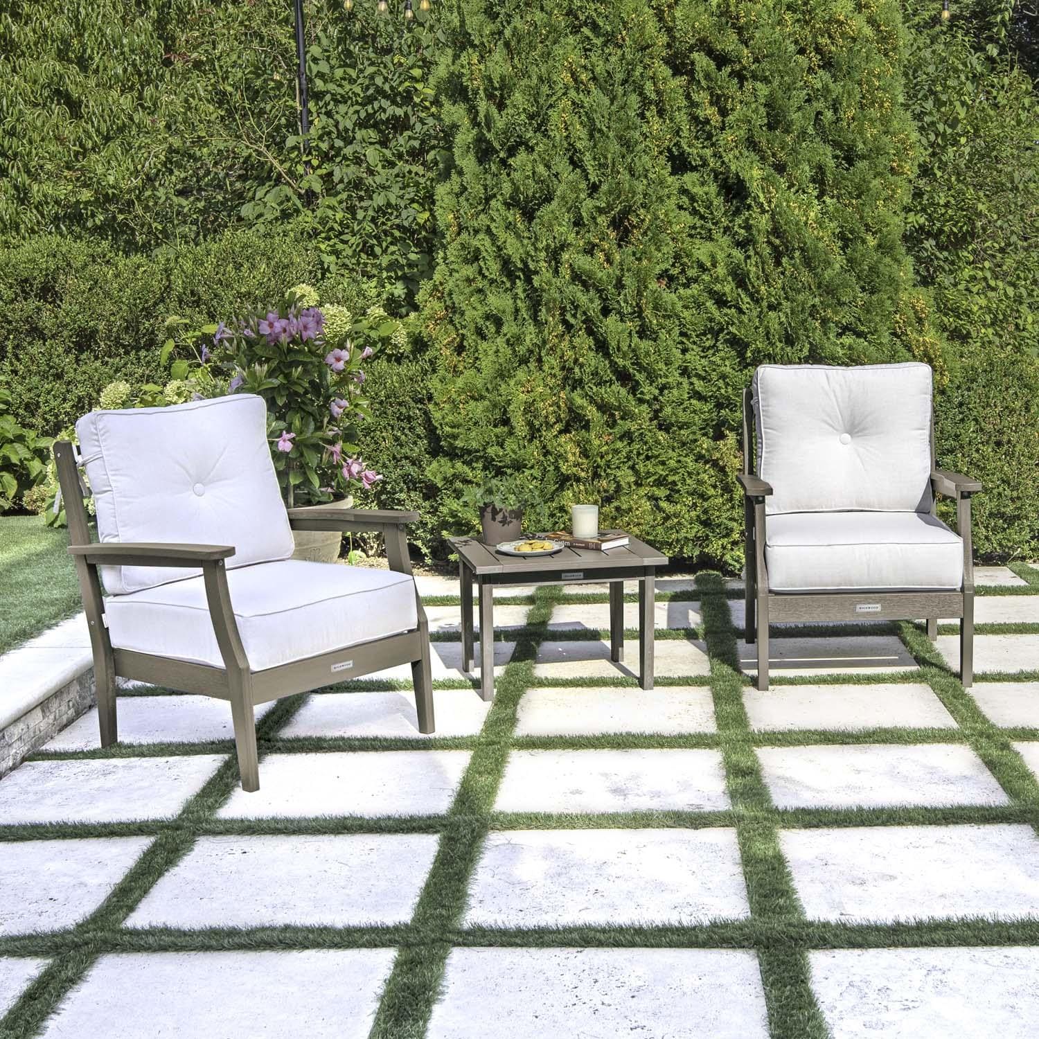 Blushing Bay 3 Pc Recycled Plastic Seating Set in Bliss Linen/Woodland Brown by Lakeview Outdoor Designs - Angled Left - Lifestyle thumbnail