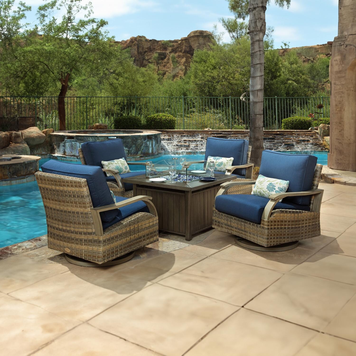 Lakeview Outdoor Designs Rosalie Bay 5 Piece Wicker & Aluminum Patio Conversation Set W/ 37-Inch Fire Pit Table & Navy Blue Cushions thumbnail