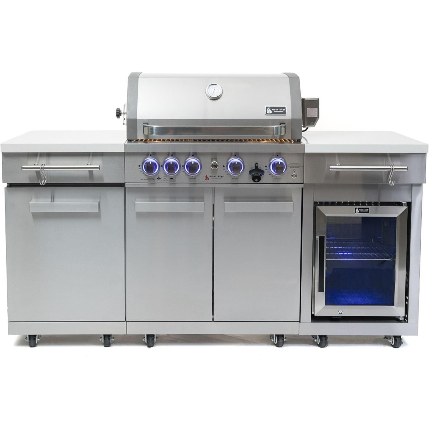 Mont Alpi 957 Natural Gas Island w/ Compact Refrigerator, Infrared Rear Burner & Rotisserie Kit - Stainless Steel - Island - White Background thumbnail