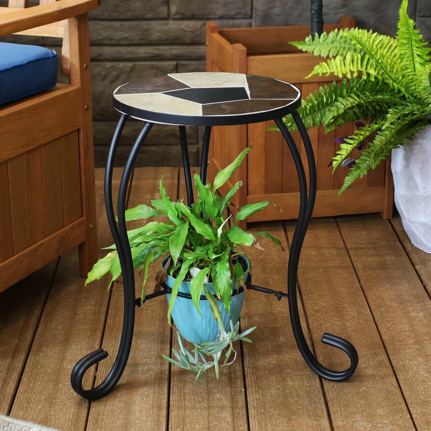 Sunnydaze Decor 12 3/4-Inch Ceramic Mosaic Tile Side Table W Plant Stand & Steel Frame image