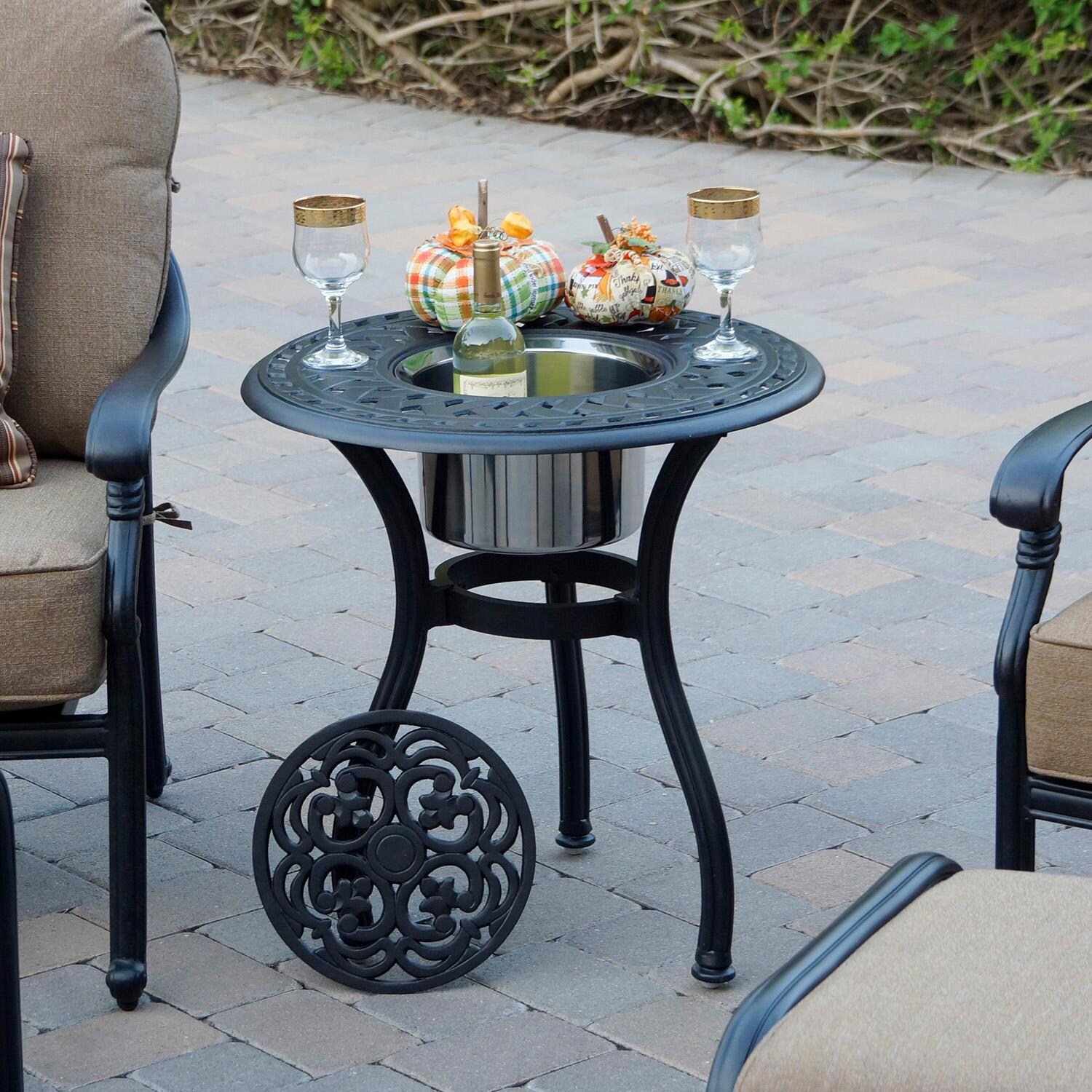 Darlee Series 60 Patio End Table With Ice Bucket Insert in Antique Bronze - Lid Off w/ Chairs (Not Included) - Lifestyle thumbnail