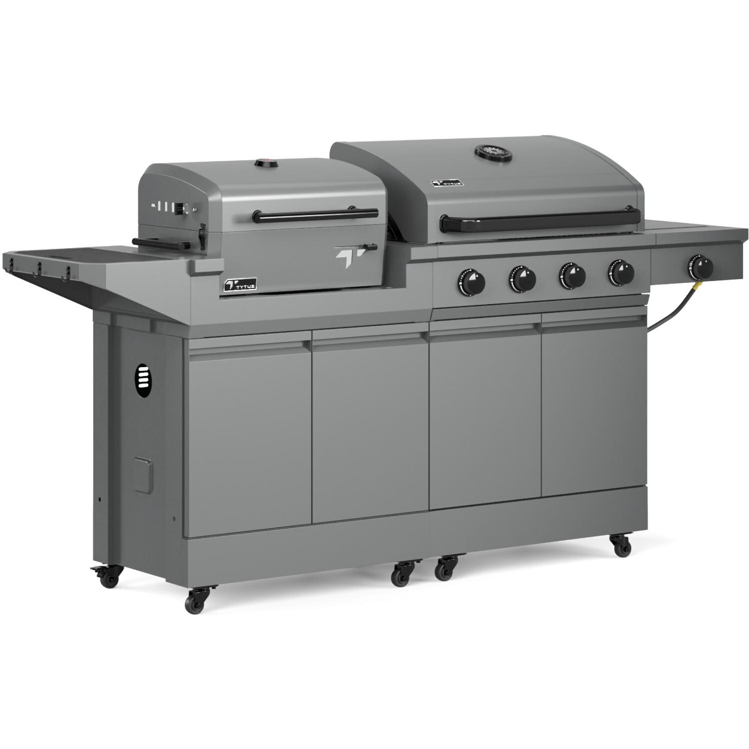 TYTUS TDT-BUN-014 Modular Duo w/ 4-Burner Gas Grill & Charcoal Grill - Angled Right - White Background thumbnail