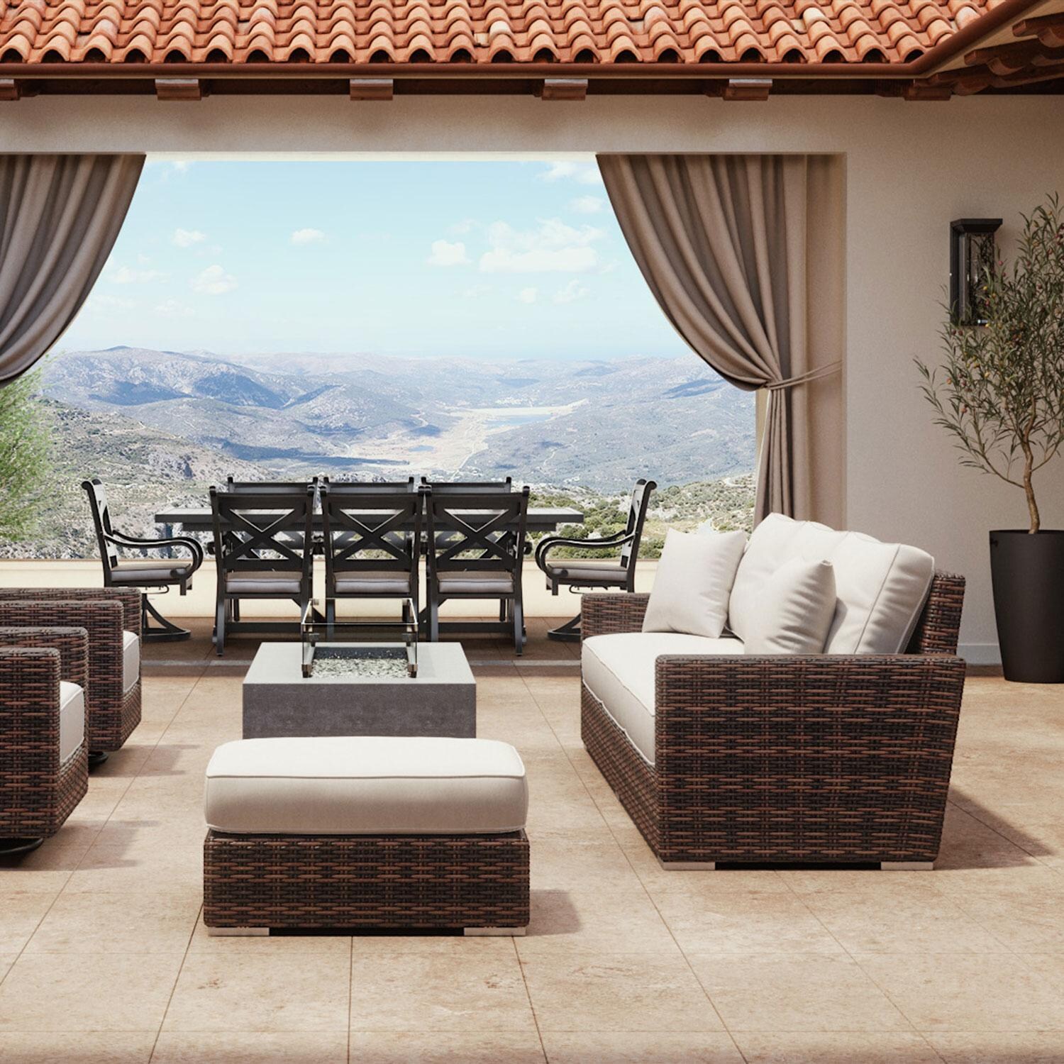 Montecito Wicker Patio Sofa W/ Sunbrella Canvas Flax Cushions By Sunset West - Patio - Lifestyle thumbnail