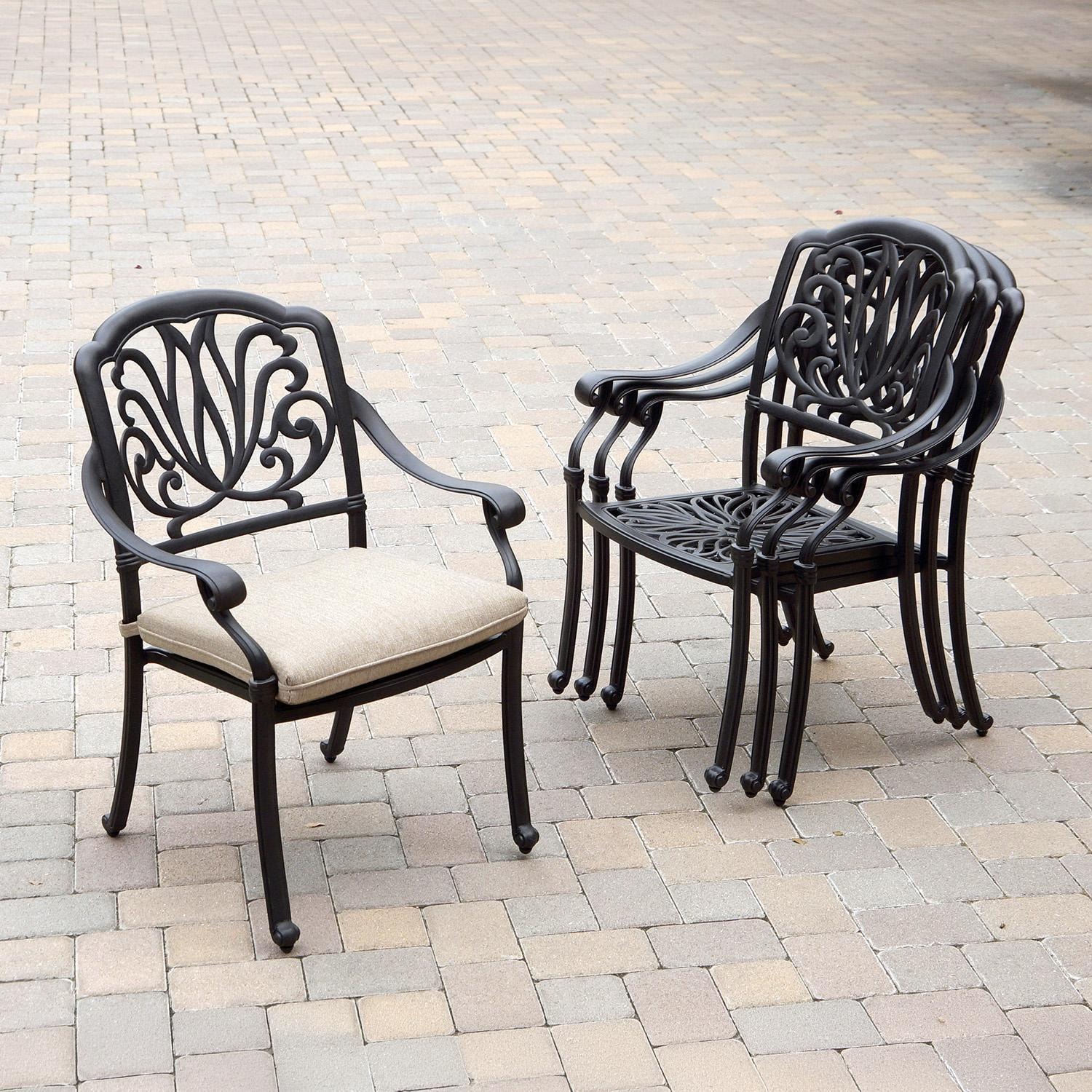 Darlee Elisabeth 7 Pc Cast Aluminum Fire Pit Dining Set w/ 60 Inch Round Table in Antique Bronze/Beige Canvas - Chairs Stacked - Lifestyle thumbnail