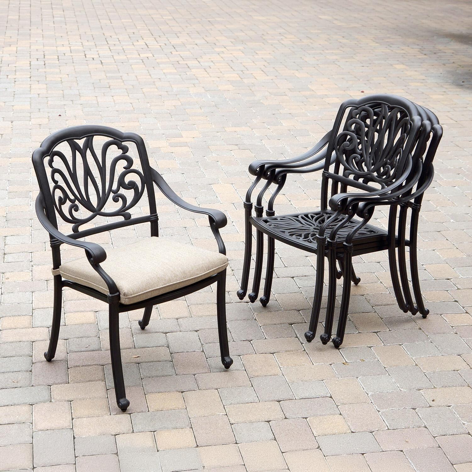Darlee Elisabeth 7 Pc Cast Aluminum Fire Pit Dining Set w/ 60 Inch Round Table in Antique Bronze/Beige Canvas - Chairs Stacked - Lifestyle thumbnail