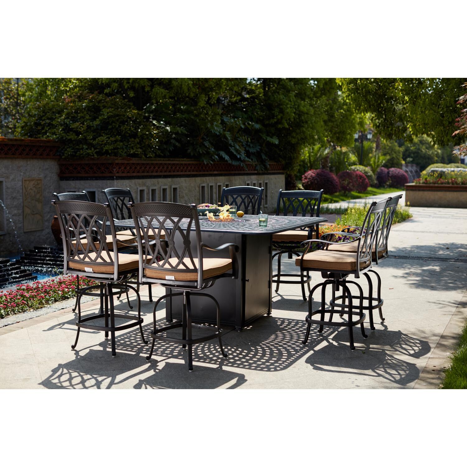 Darlee 201660-9PC-60GHW Capri 9 Piece Cast Aluminum Patio Counter Height Fire Pit Dining Set W/ 64 Inch Square Table - Lifestyle thumbnail