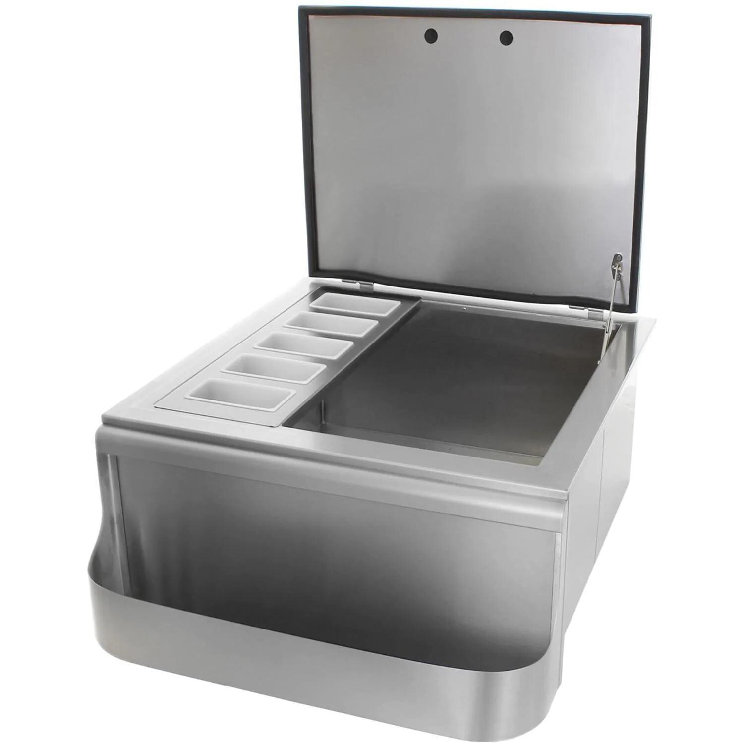 BBQGuys Signature BBQ-260-SI Traditional 25-Inch Slide-In Ice Bin Cooler With Speed Rail & Condiment Holder - Open thumbnail
