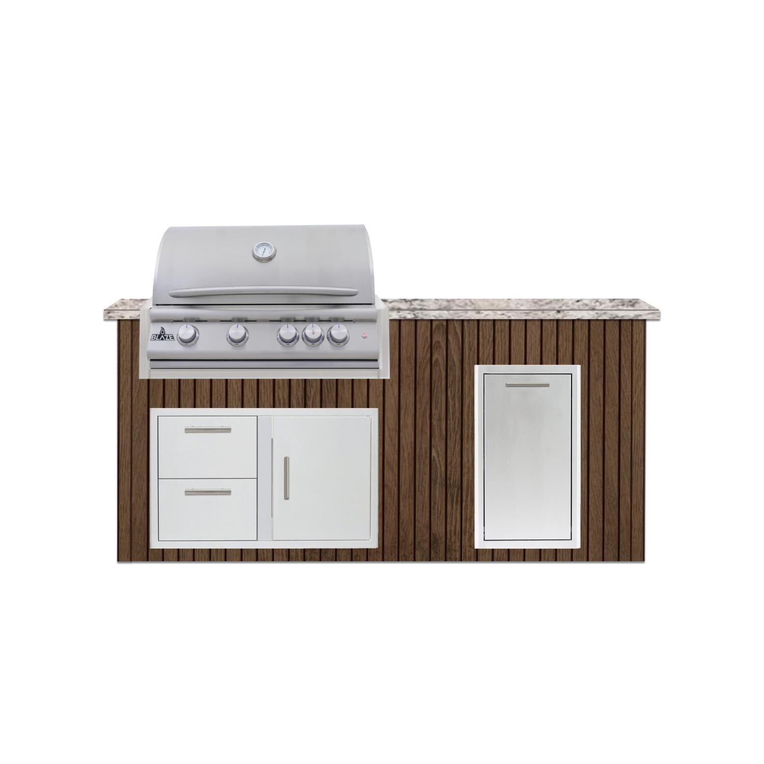 BBQGuys Signature 6 Ft Outdoor Kitchen Island w/ 32-in Blaze LTE+ Natural Gas Grill & Narrow Trash Bin | Toffee w/ White Valley Granite