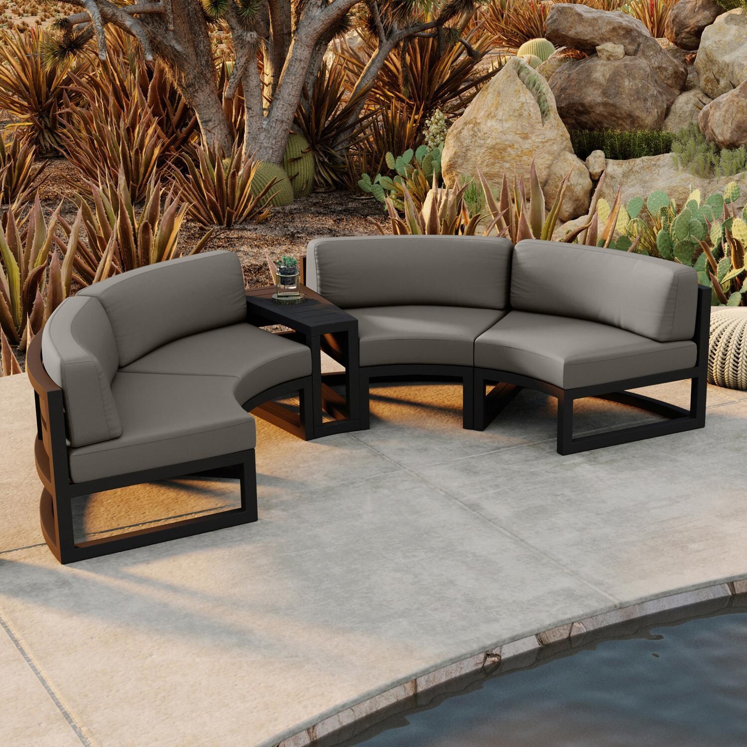 Lakeview MSTYCV-BK-3CSEC-CC Misty Cove 3 Pc Aluminum Curve Sectional Set in Black w/Wedge End Table & Canvas Charcoal Cushions by Lakeview Outdoor Designs - Set From Above - Lifestyle thumbnail
