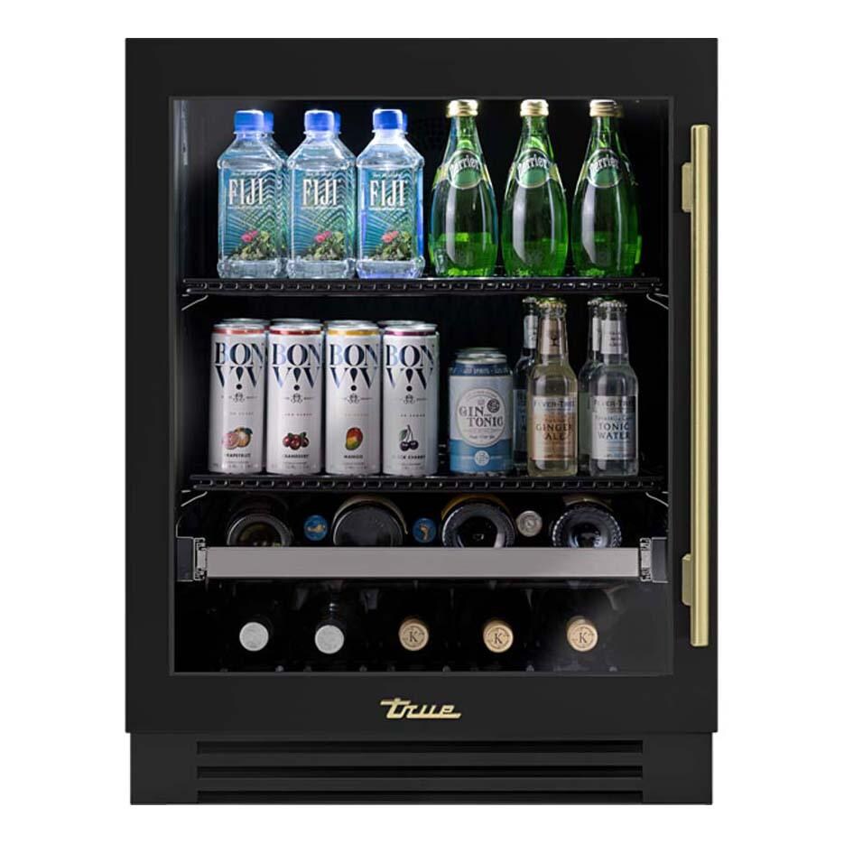 True TUBADA-24-LG-A~027-H01 ADA Height 24 Inch 105 Can 12 Bottle Left Hinge Glass Door Outdoor Beverage Center - Matte Black w/ Brass Handle - White Background thumbnail