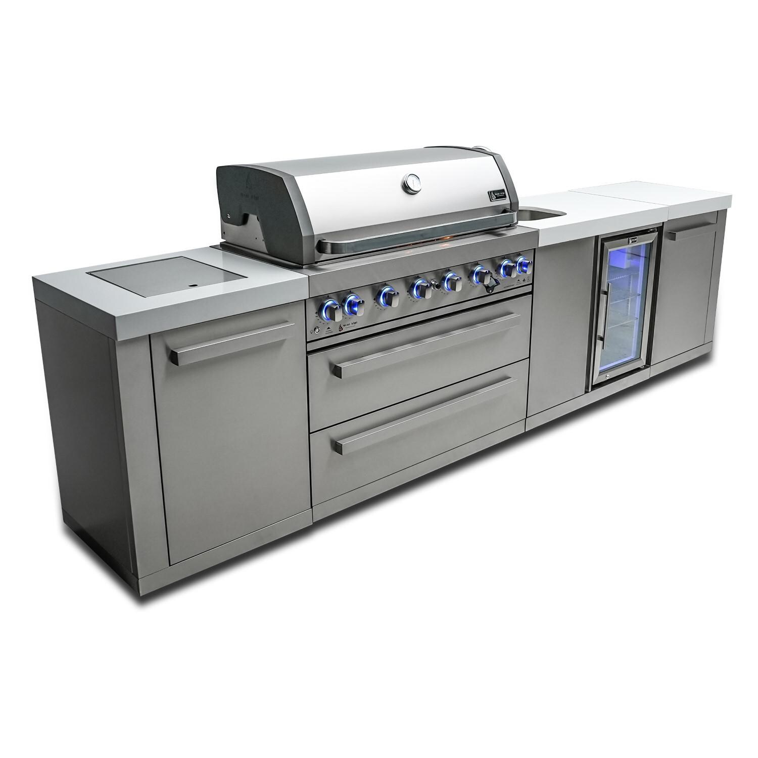 Mont Alpi Original Series 11 Ft Propane Outdoor Kitchen Island w/ Side Burner & Beverage Center - MAi805-BEV