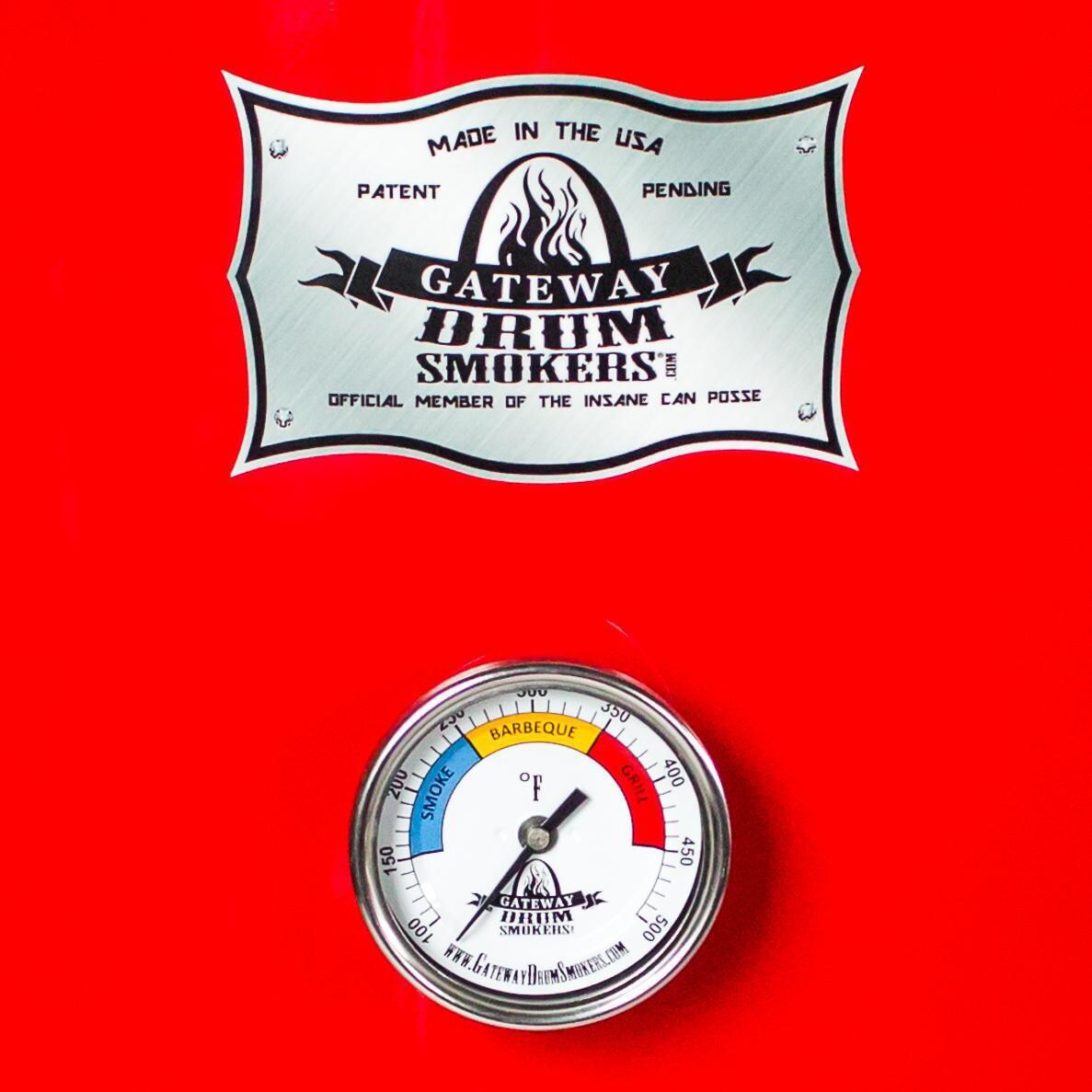 Gateway Drum Smokers 55133 55 Gallon Charcoal BBQ Smoker - Red - Center-Mounted Custom Dial Thermometer thumbnail