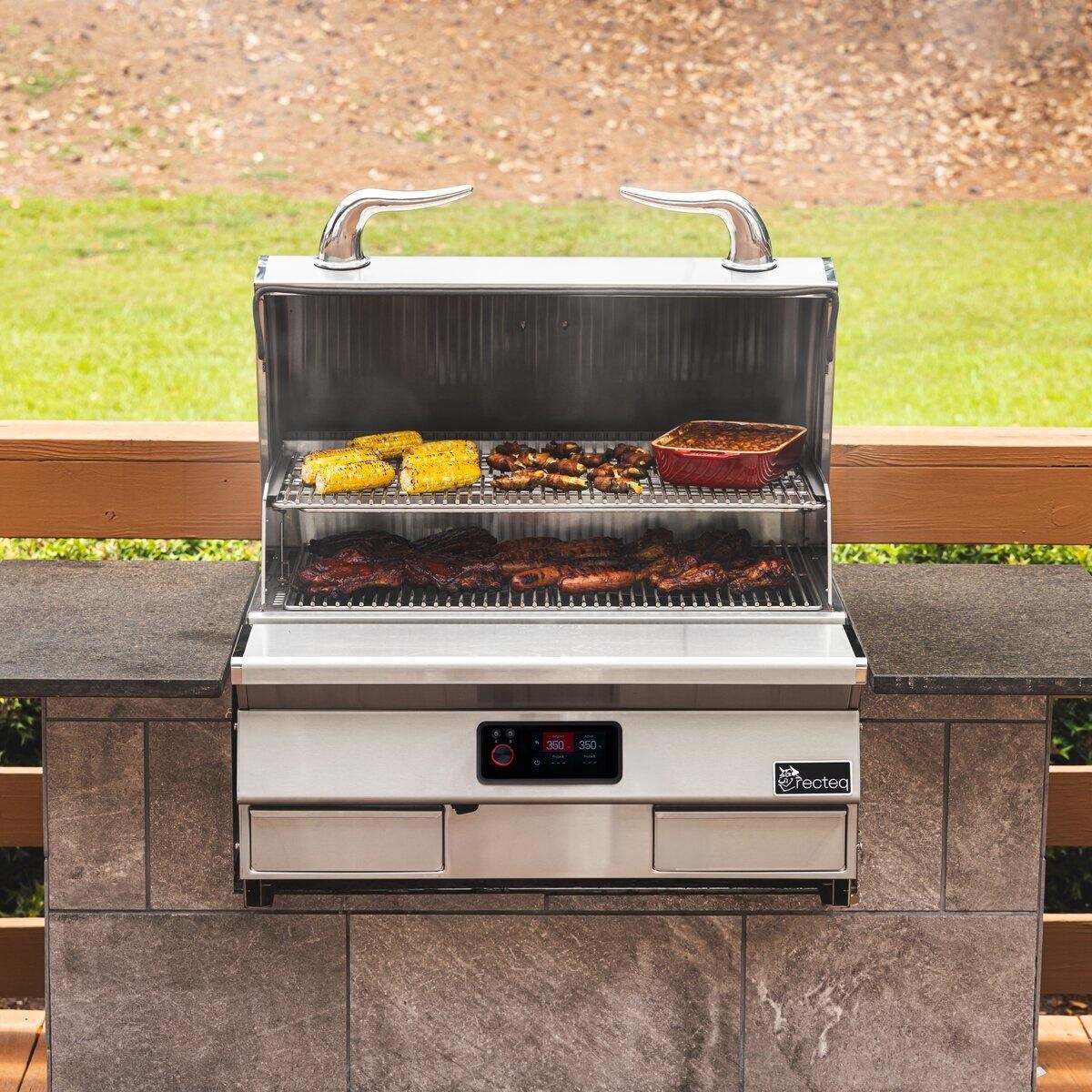 recteq RT-1300ES E-Series 1300 Built-In Wood Pellet Grill - Food on Grates Shown w/ Outdoor Kitchen Island - Lifestyle thumbnail