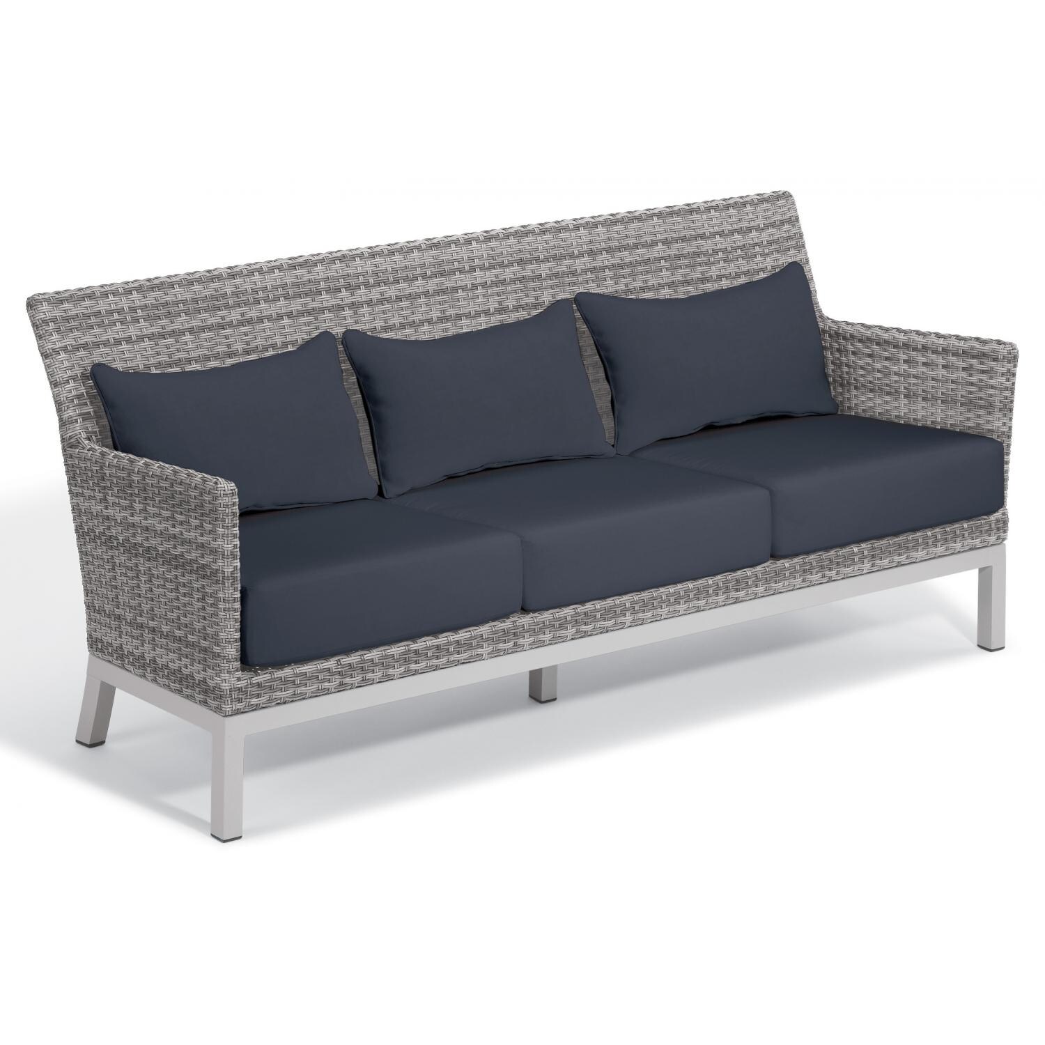 Argento Wicker Patio Sofa w/ Midnight Blue Cushions & Lumbar Pillows By Oxford Garden
