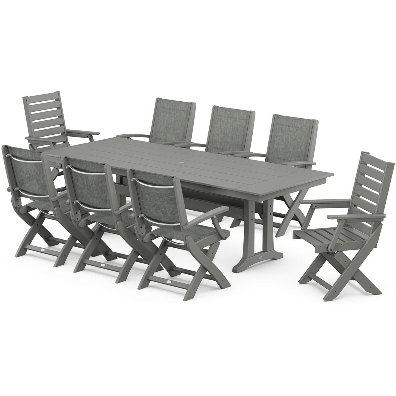 POLYWOOD x BBQGuys Creekside 9 Pc Recycled Plastic Dining Set w/ Birch Sling in Gray - PWS2534-1-GY921