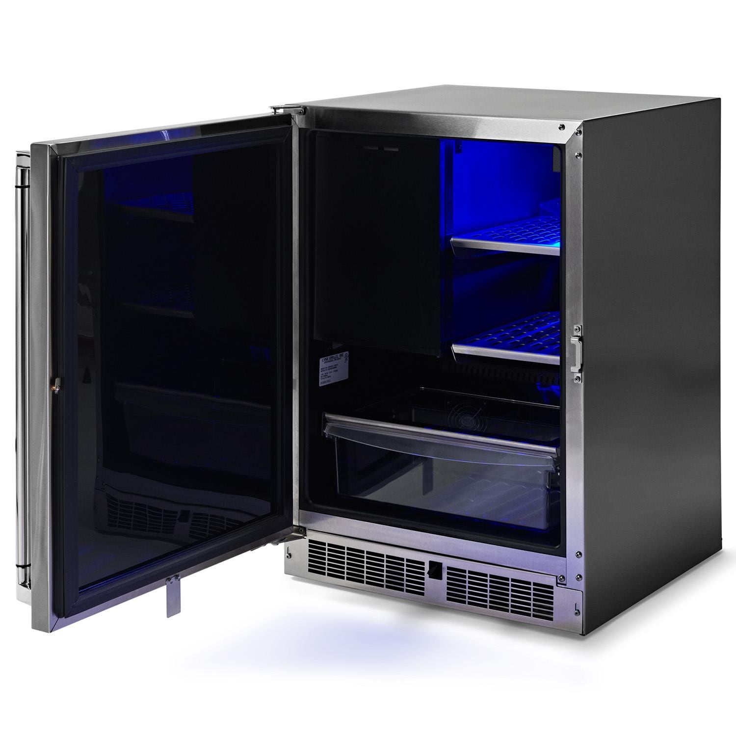 Lynx LN24REFC 24-in 4.9 Cu. Ft. Outdoor Refrigerator / Freezer w/ Lock - Angled Door Open - White Background thumbnail