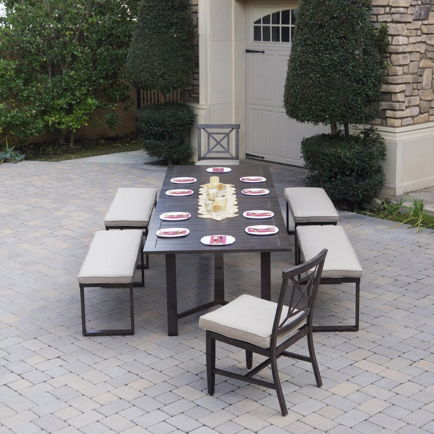 Atlantis 7 Pc Aluminum Dining Set w/ 2 Dining Side Chairs, 4 Two Person Benches & Extension Table in Walnut/Beige by Darlee - On Patio - Lifestyle thumbnail