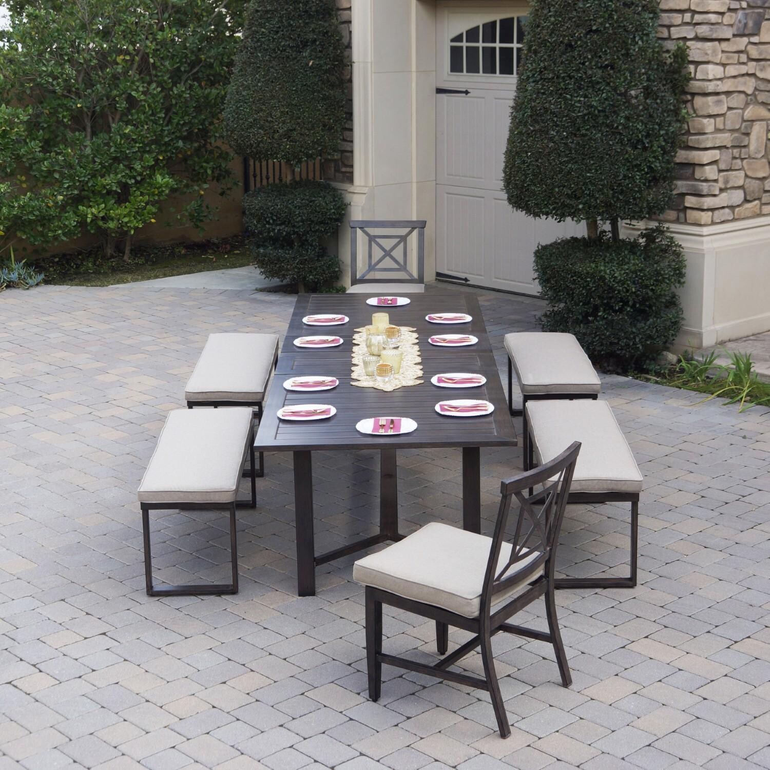 Atlantis 7 Pc Aluminum Dining Set w/ 2 Dining Side Chairs, 4 Two Person Benches & Extension Table in Walnut/Beige by Darlee - On Patio - Lifestyle thumbnail