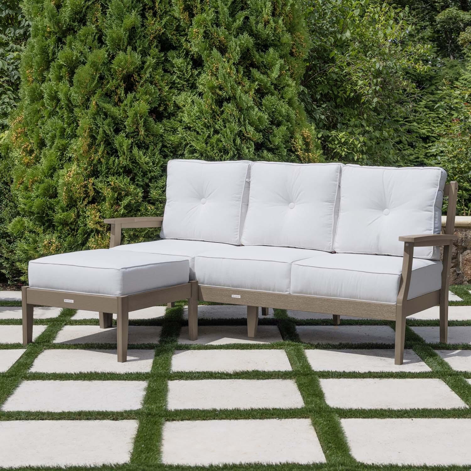 Blushing Bay 2 Pc Recycled Plastic Seating Set in Bliss Linen/Woodland Brown by Lakeview Outdoor Designs - Angled Left - Lifestyle thumbnail