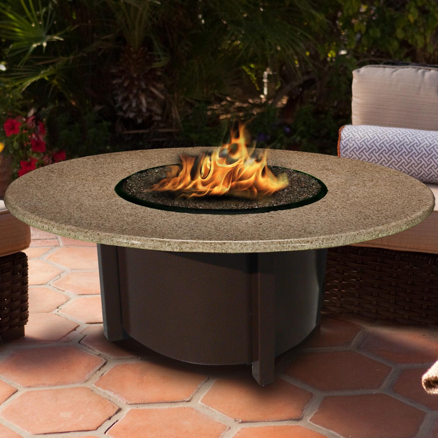 Carmel 48-Inch Propane Fire Pit Table By California Outdoor Concepts - Chat Height - Brown Base - Sunset Gold Granite Top - Diamond White Fire Glass
