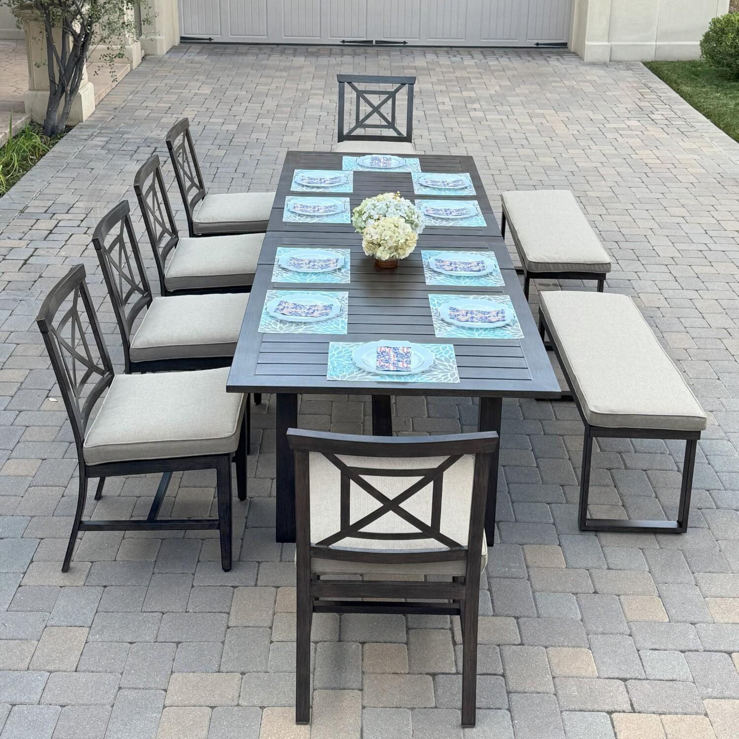 Atlantis 9 Pc Aluminum Dining Set w/ 6 Dining Side Chairs, 2 Two Person Benches & Extension Table in Walnut/Beige by Darlee - On Patio - Lifestyle thumbnail