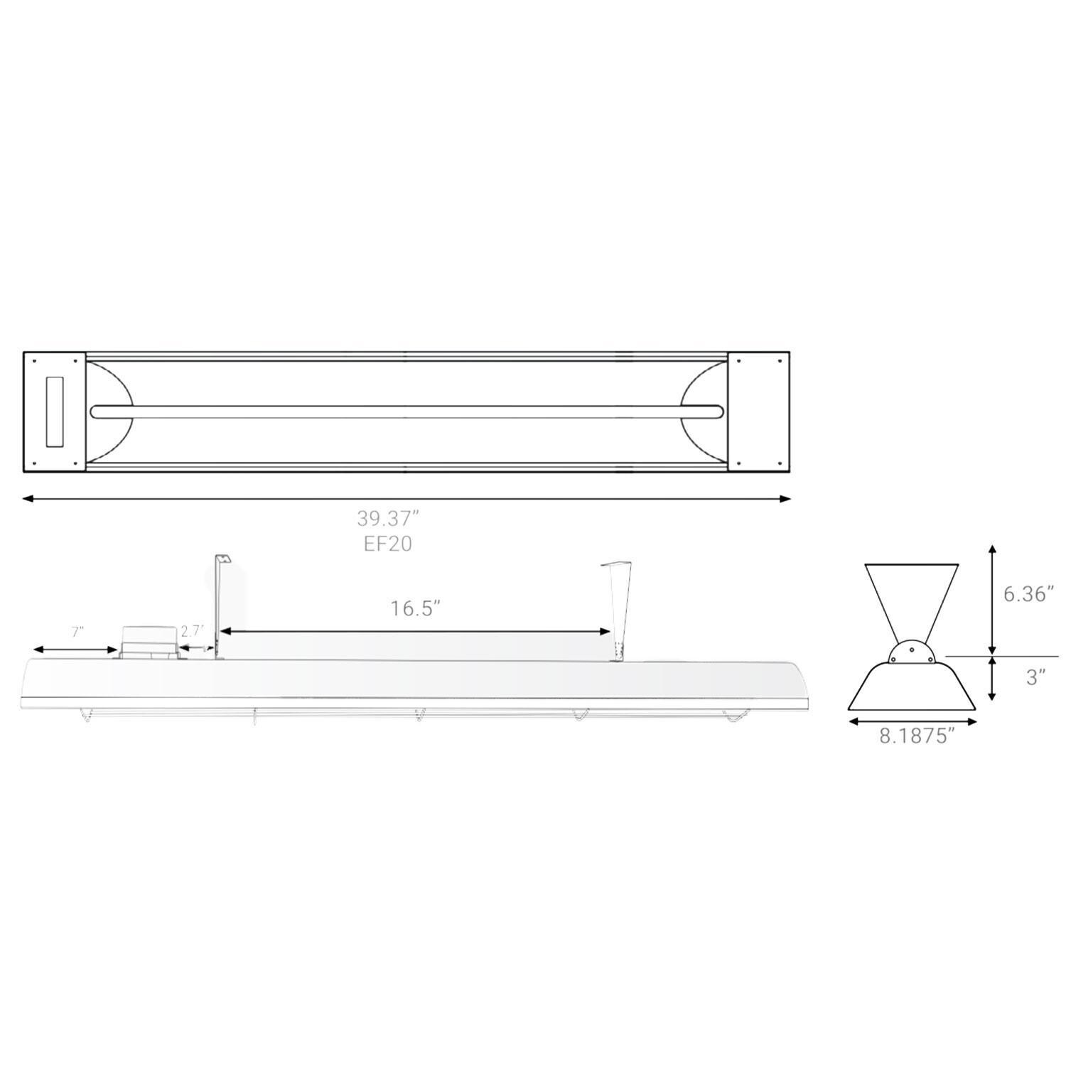 Eurofase EF20240B 39 Inch 2000 Watt Single Element Marine Grade 240V Electric Patio Heater in Black - Dimensional thumbnail