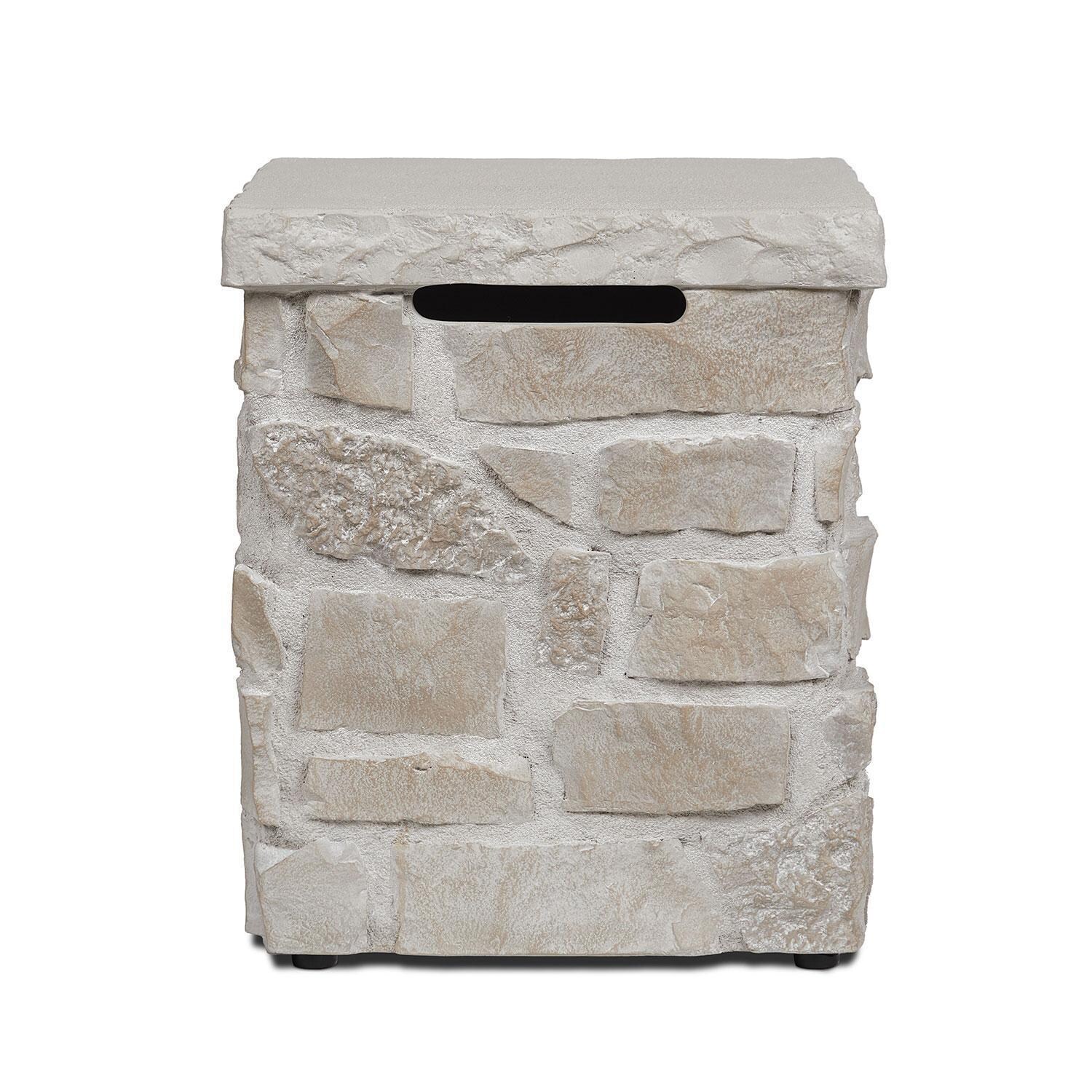 Heritage 20 Inch Square Stone Propane Tank Cover & Side Table in Beige by Lakeview - Side View - White Background thumbnail