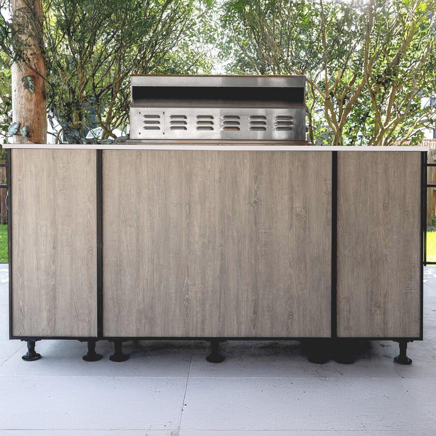 BBQGuys Signature Beech 6 Ft Outdoor Kitchen Island w/ Blaze Propane Grill in Riverside Oak/Icecap White - Back - Lifestyle thumbnail