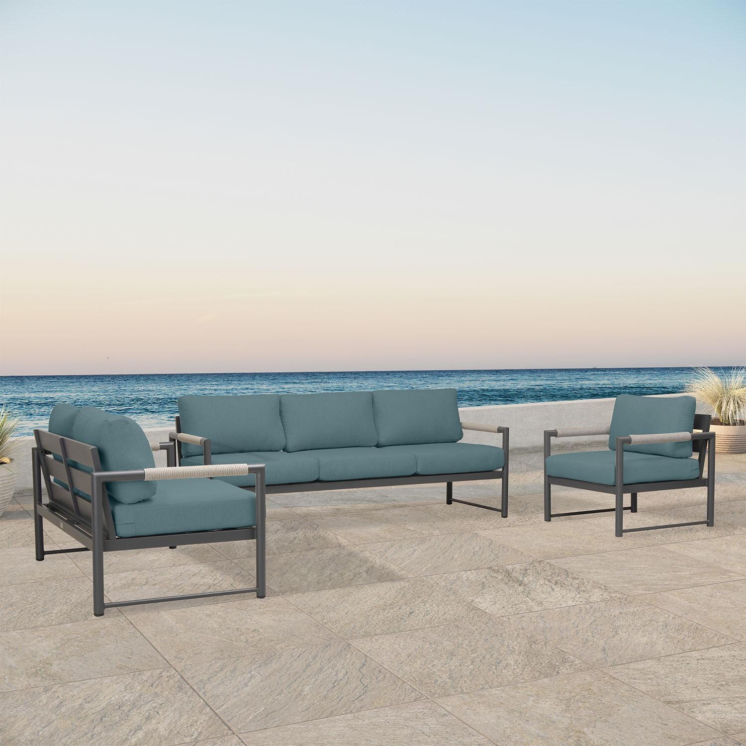 Lakeview AVEBAY-SL-PG-SET143-CL Avenue Bay Slate/Pebble Gray 3 Pc Sofa Loveseat Set - Cast Lagoon - Angled On Patio - White Background thumbnail