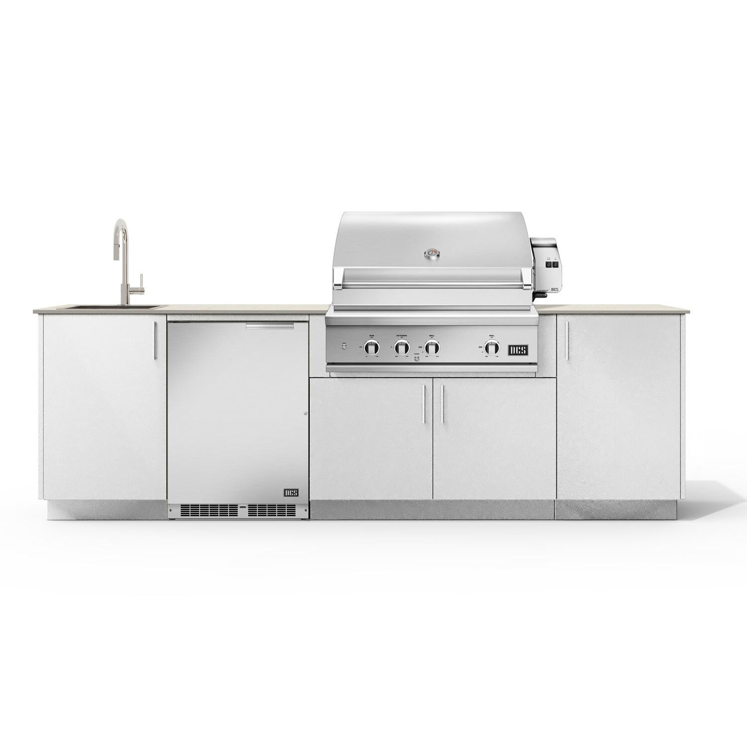 Urban Bonfire Dew 36 Outdoor Kitchen w/ DCS Propane Grill, Sink, Refrigerator, Danae Dekton Countertop & Chantilly Finish - B-Dew-36-DCS-Danae-Chantilly
