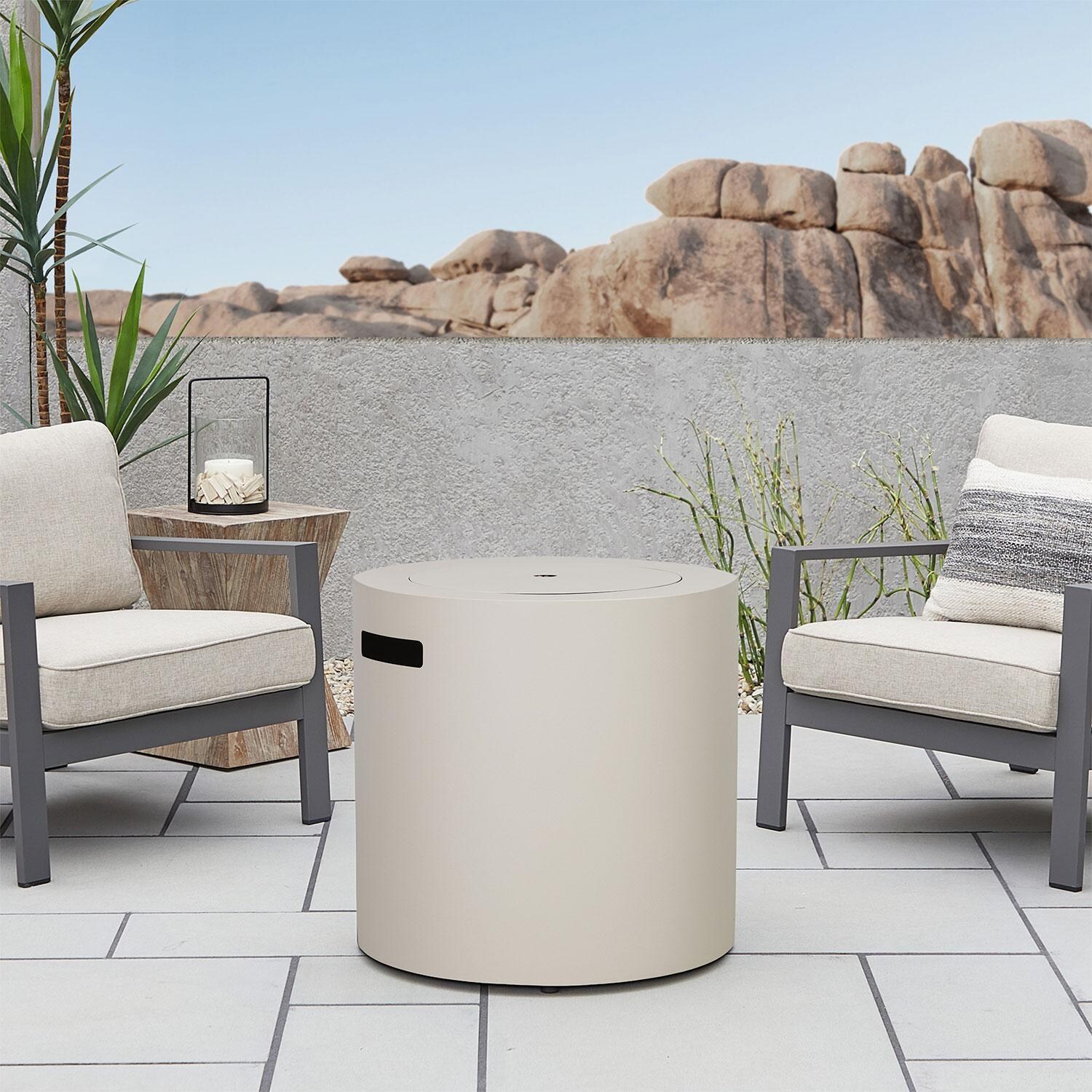 Elysian 24-in Round Steel Propane Fire Pit Table w/ Hidden Propane Tank in Light Sand by Lakeview Outdoor Designs - Lid On - Lifestyle thumbnail