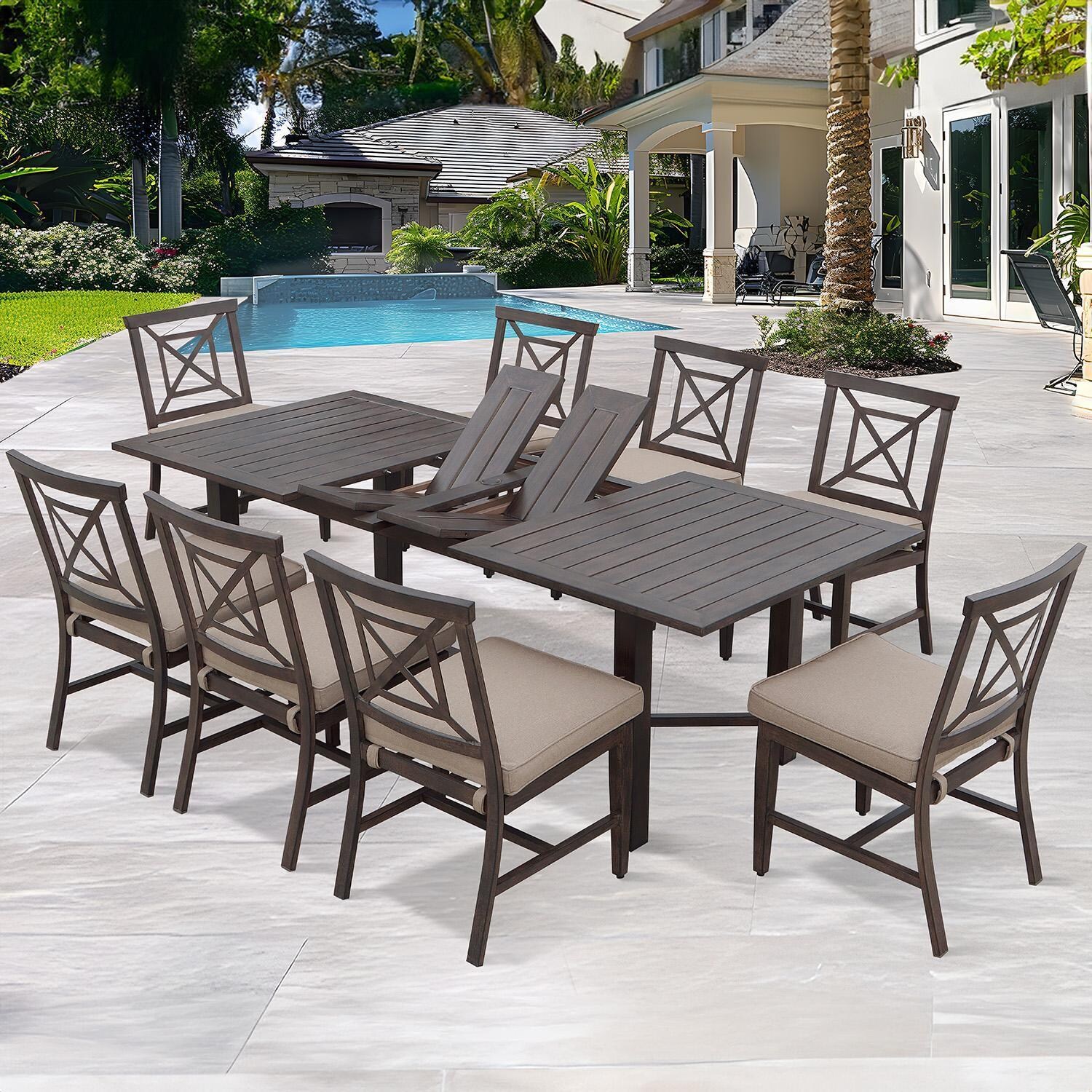 Atlantis 9 Pc Aluminum Dining Set w/ 91 Inch Table and Beige Cushions in Walnut By Darlee - By the Pool - Lifestyle thumbnail