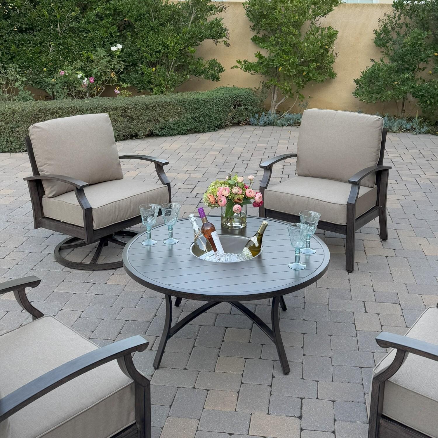 Atlantis 5 Pc Aluminum Seating Set w/ 4 Swivel Rocker Club Chairs & Ice Bucket in Walnut/Beige by Darlee - Chairs At Table - Lifestyle thumbnail