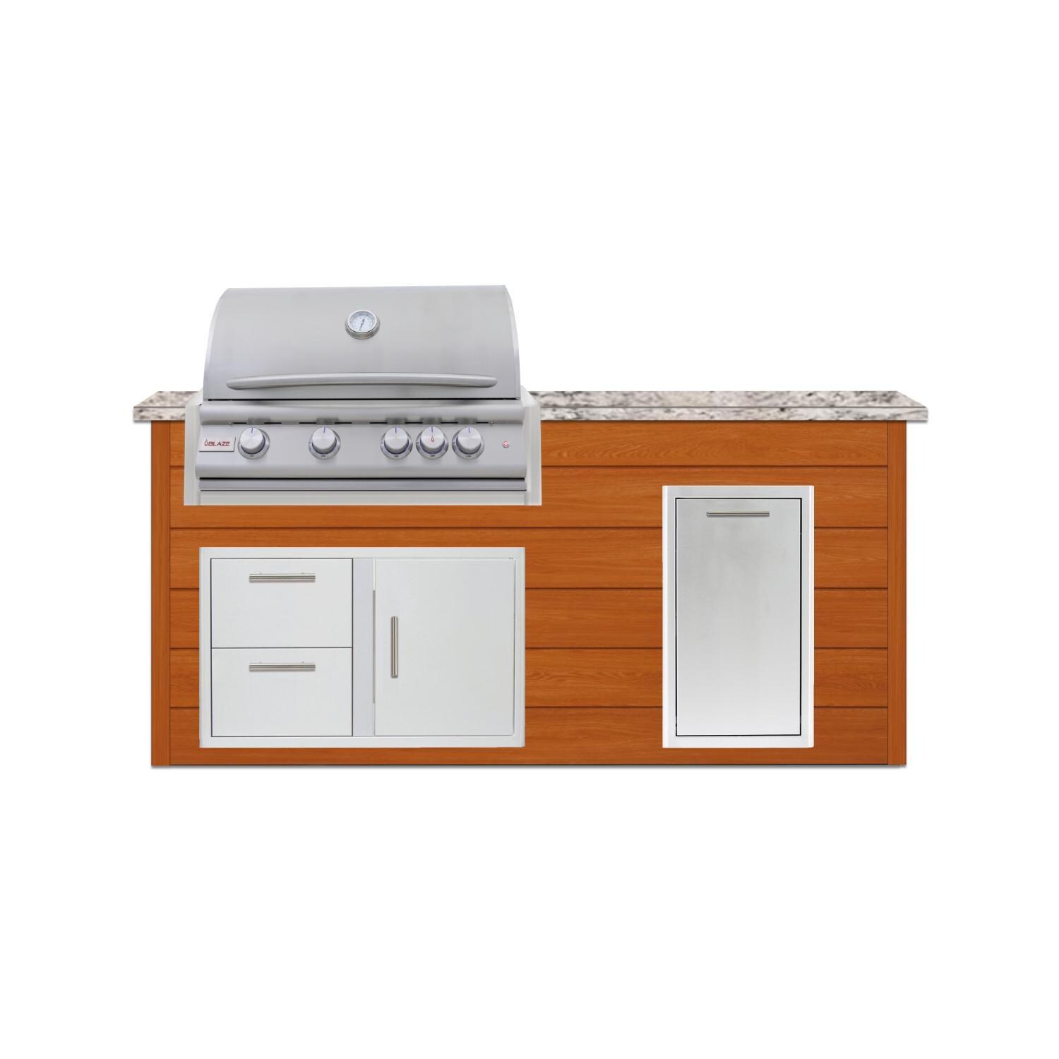 BBQGuys Signature 6 Ft Grill Island w/ 32 Inch Natural Gas Blaze Premium LTE+ Grill & Door & Drawer | Chai Cedar w/ White Granite - Front - White Background thumbnail
