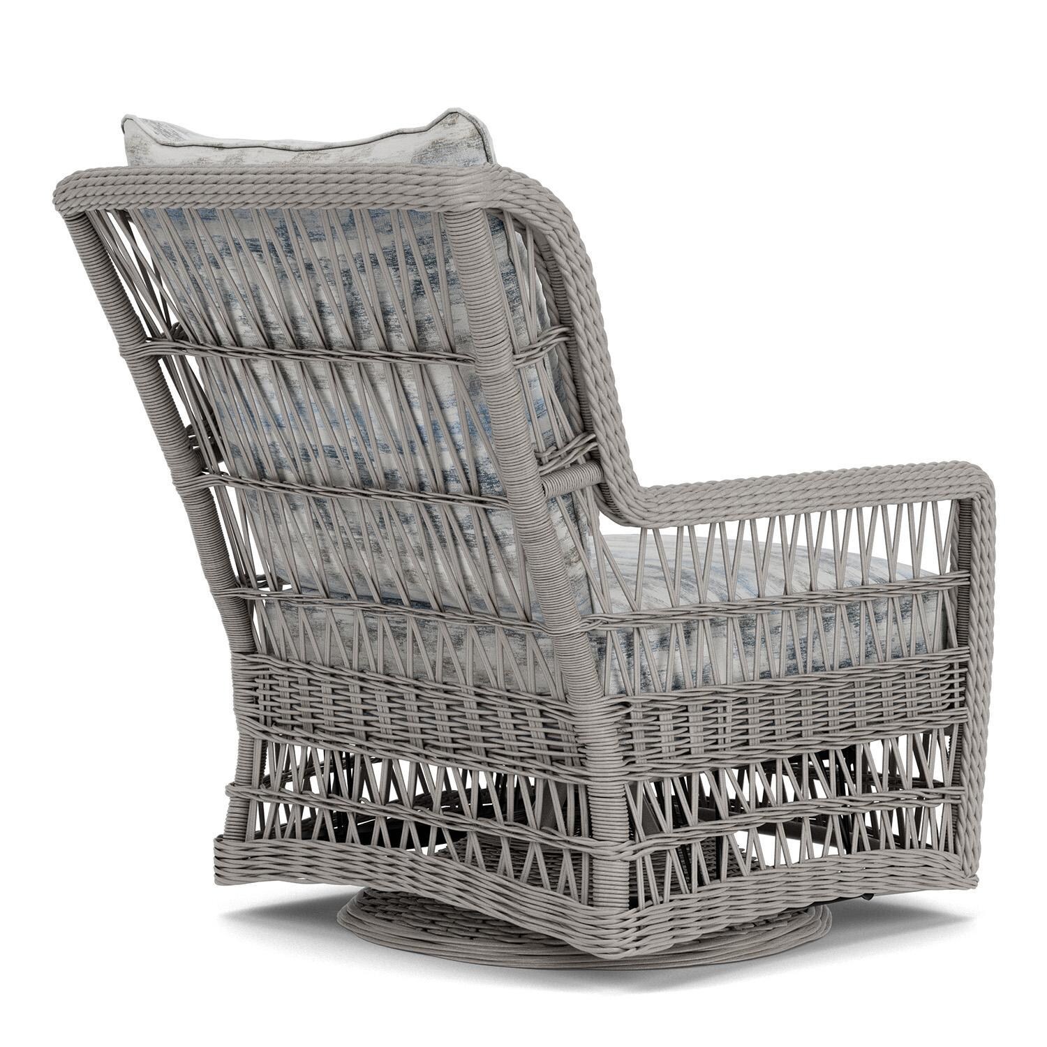 Lloyd Flanders Mackinac High Back Swivel Glider Lounge Chair in Putty Finish with Stratosphere Cloud Fabric - Rear Right thumbnail