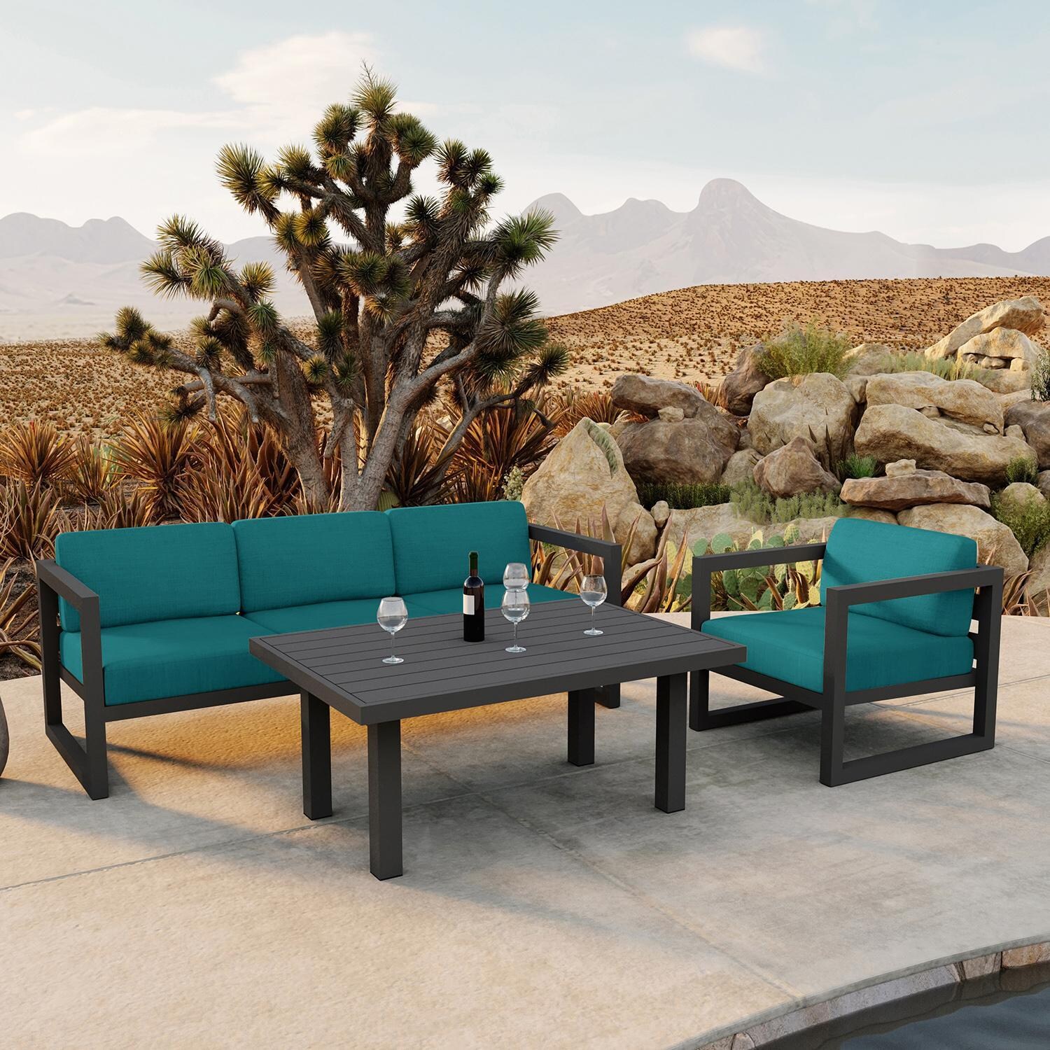 Misty Cove 3 Piece Seating Set in Slate w/Chat Table & Spectrum Peacock Cushions by Lakeview - Lifestyle thumbnail