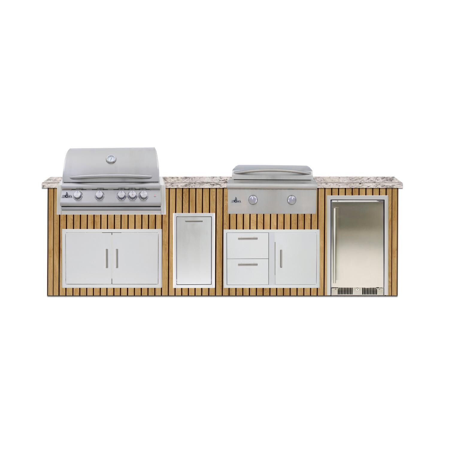 BBQGuys Signature 10 Ft Outdoor Kitchen Island w/ 32-in Natural Gas Blaze LTE+ Grill & Griddle, 15-in Refrigerator & Narrow Trash Bin | Sun Bleached Oak w/ White Valley Granite