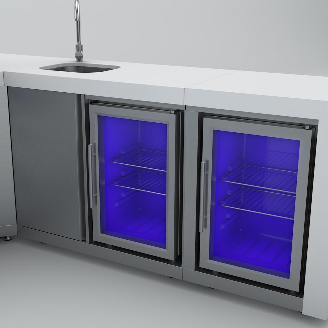 Mont Alpi - MAi400-DBEV90FC - Deluxe 90 Degree Gas Island Grill - Beverage Center & Refrigerator Cabinets Up Close - White Background thumbnail