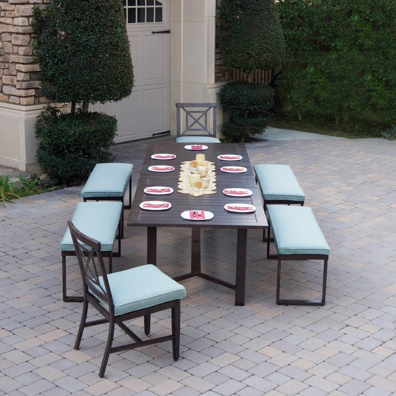 Atlantis 7 Pc Aluminum Dining Set w/ 2 Dining Side Chairs, 4 Two Person Benches & Extension Table in Walnut/Spa by Darlee - On Patio - Lifestyle thumbnail