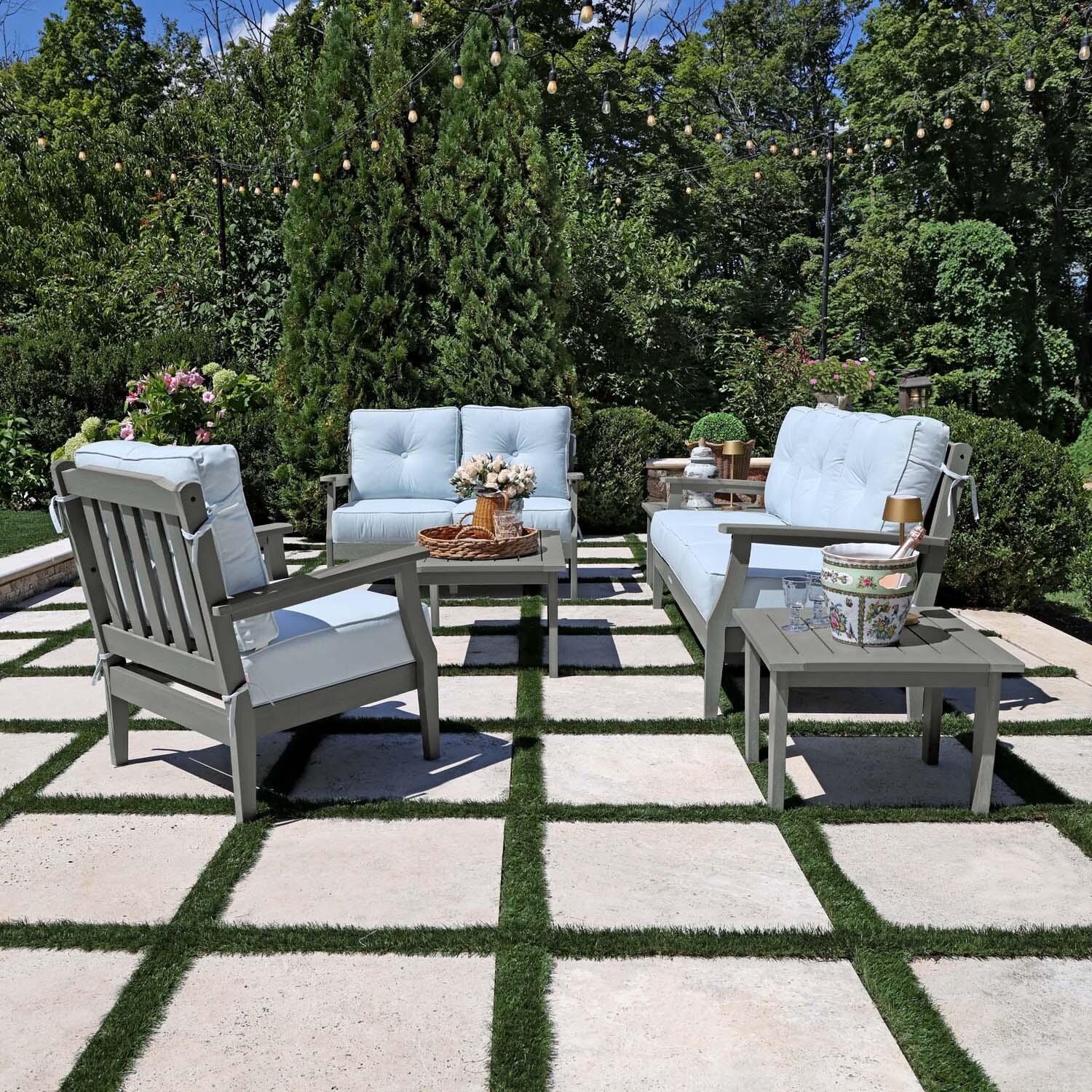 Blushing Bay 6 Pc Recycled Plastic Grand Seating Set in Bliss Dew/Coastal Teak by Lakeview Outdoor Designs - Side View - Lifestyle thumbnail