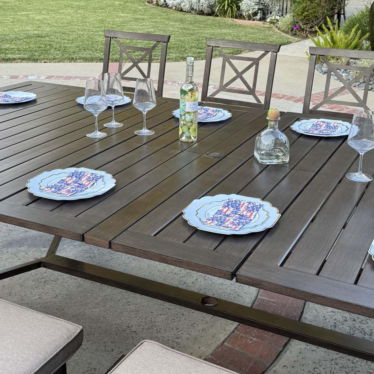 Atlantis 11 Pc Aluminum Dining Set in Walnut/Beige by Darlee - Close Up - Lifestyle thumbnail