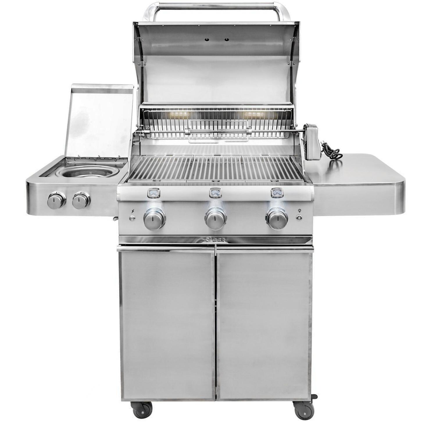 Saber Elite 1500 32-Inch 3-Burner Freestanding Infrared Propane Gas Grill With Side Burner - Open View With Halogen Lights On thumbnail