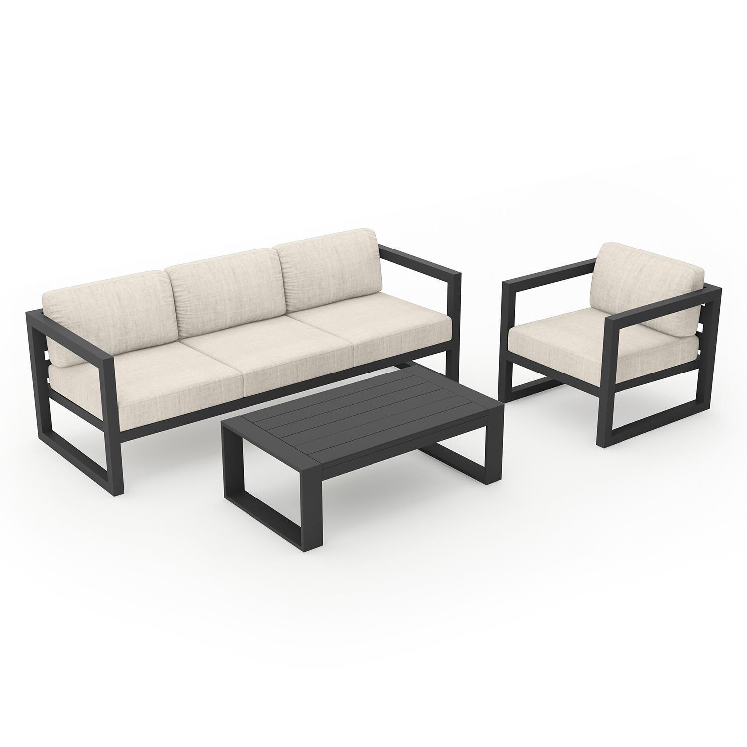 Misty Cove 3 Piece Seating Set In Slate w/Portal Coffee Table & Cast Silver Cushions by Lakeview - Top Angle View - White Background thumbnail