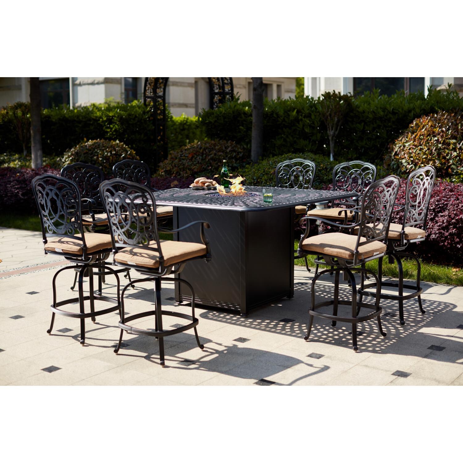 Darlee 201020-9PC-60GHW Florence 9 Piece Cast Aluminum Patio Counter Height Fire Pit Bar Set W/ 64 Inch Square Table & Sesame Cushions - Lifestyle thumbnail