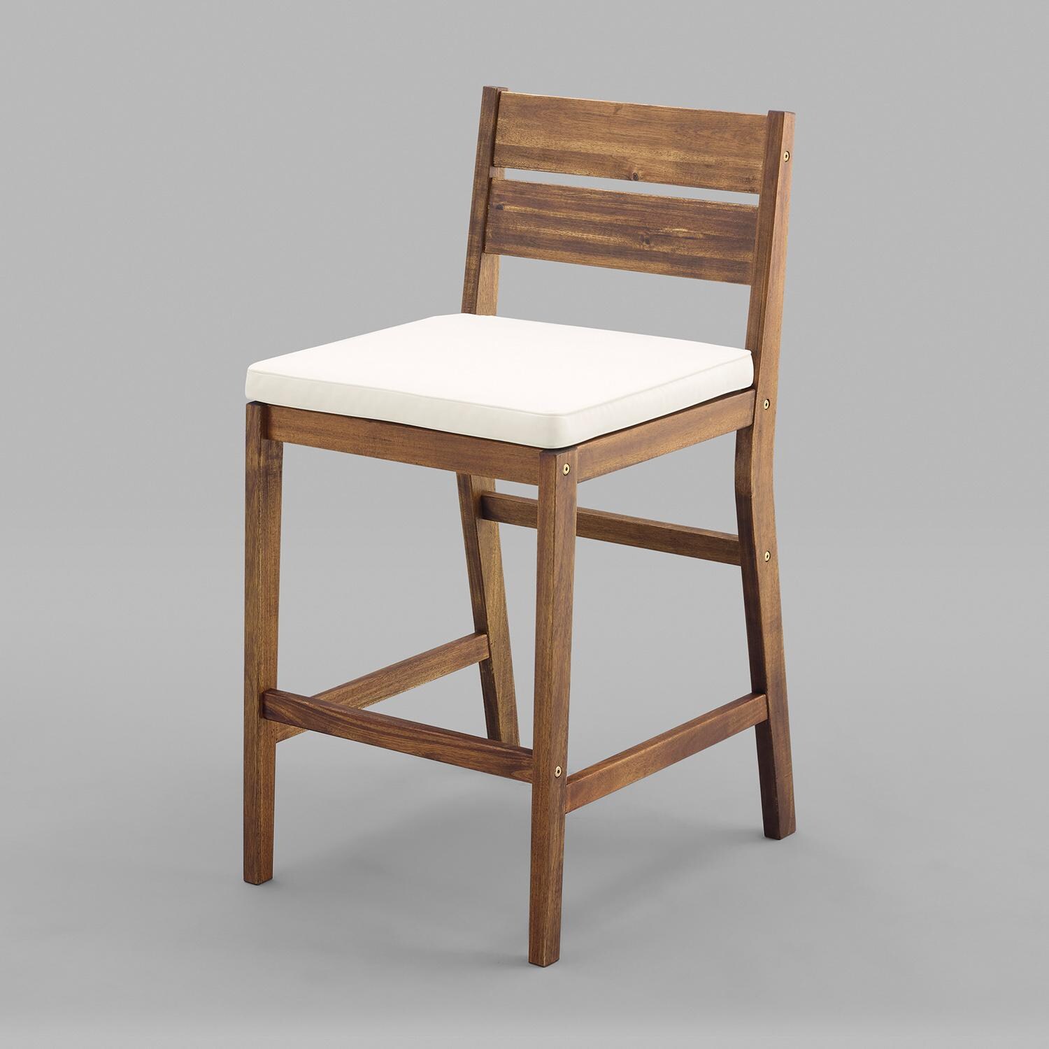 Ultimate Patio 2 Piece Acacia Patio Counter Height Bar Stool Set W/ Off-White Cushions - Dark Brown - Right Side Angled View thumbnail