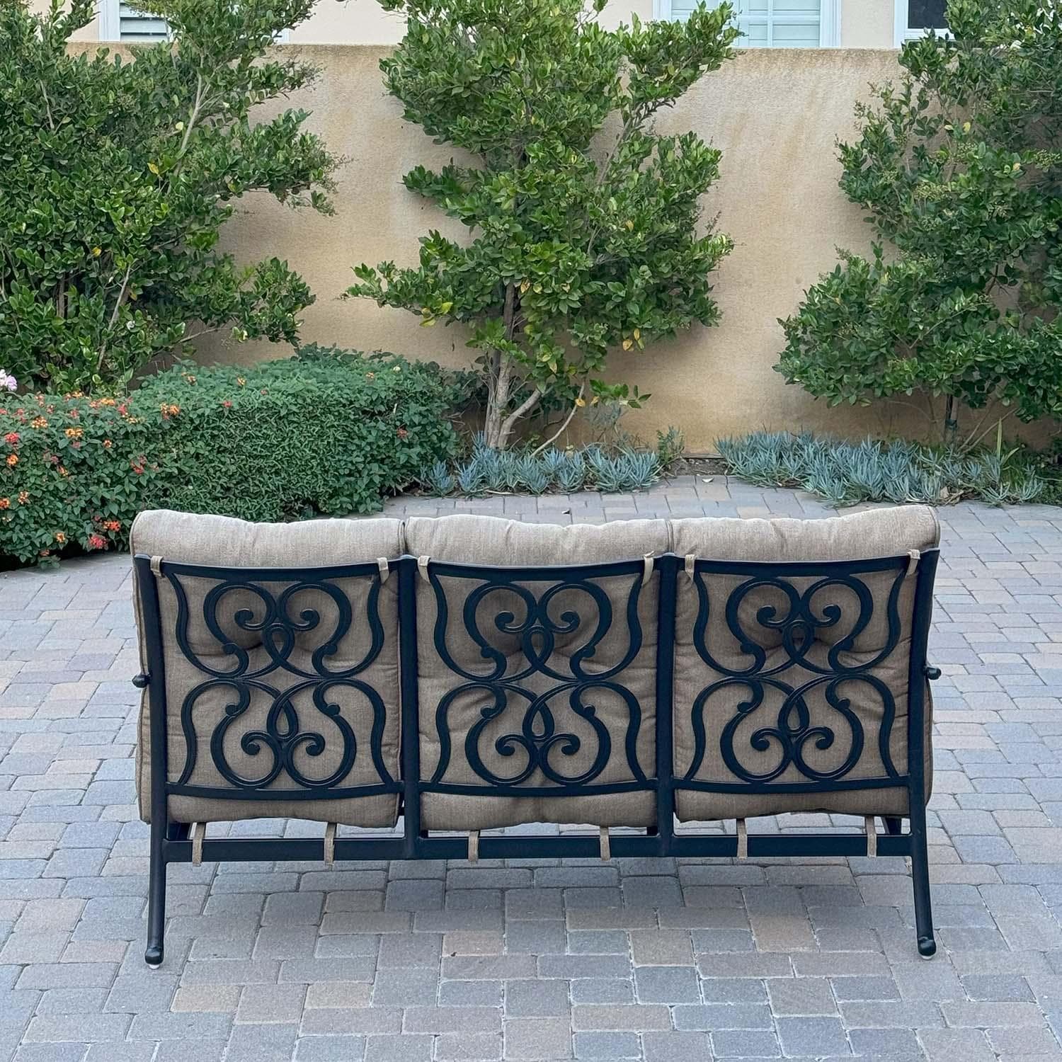 Santa Anita 6 Pc Cast Aluminum Seating Set w/ Swivel Rockers in Antique Bronze/Heather Beige by Darlee - Sofa back View - Lifestyle thumbnail