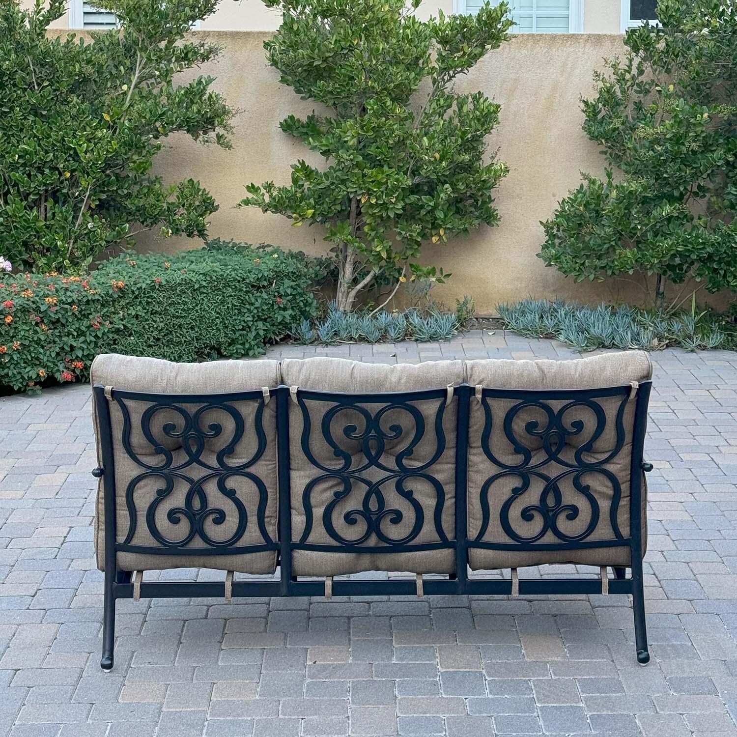 Santa Anita 6 Pc Cast Aluminum Seating Set w/ Swivel Rockers in Antique Bronze/Heather Beige by Darlee - Sofa back View - Lifestyle thumbnail