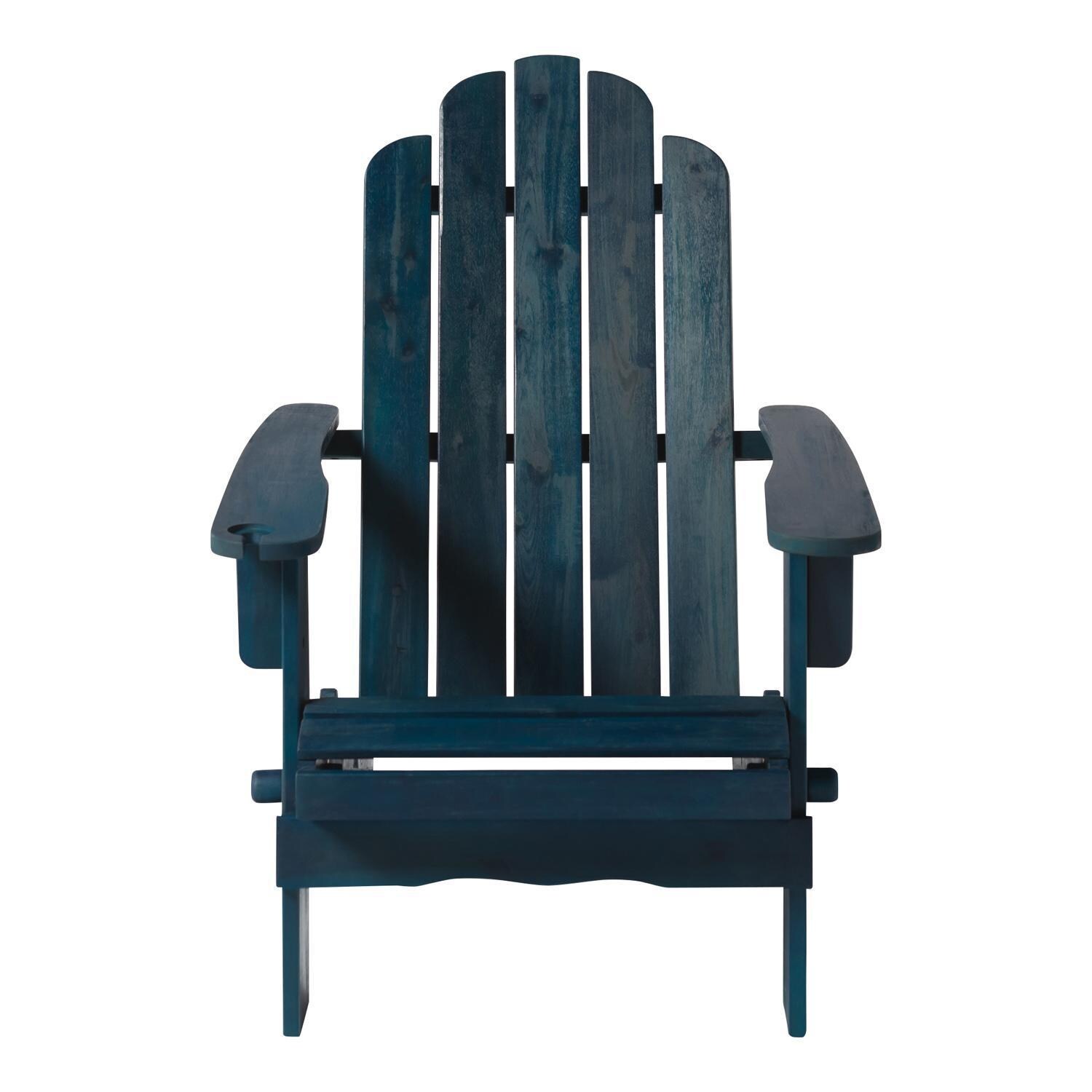 Ultimate Patio Folding Acacia Patio Adirondack Chair W/ Wine Glass Holder - Navy Blue Wash - Front View thumbnail