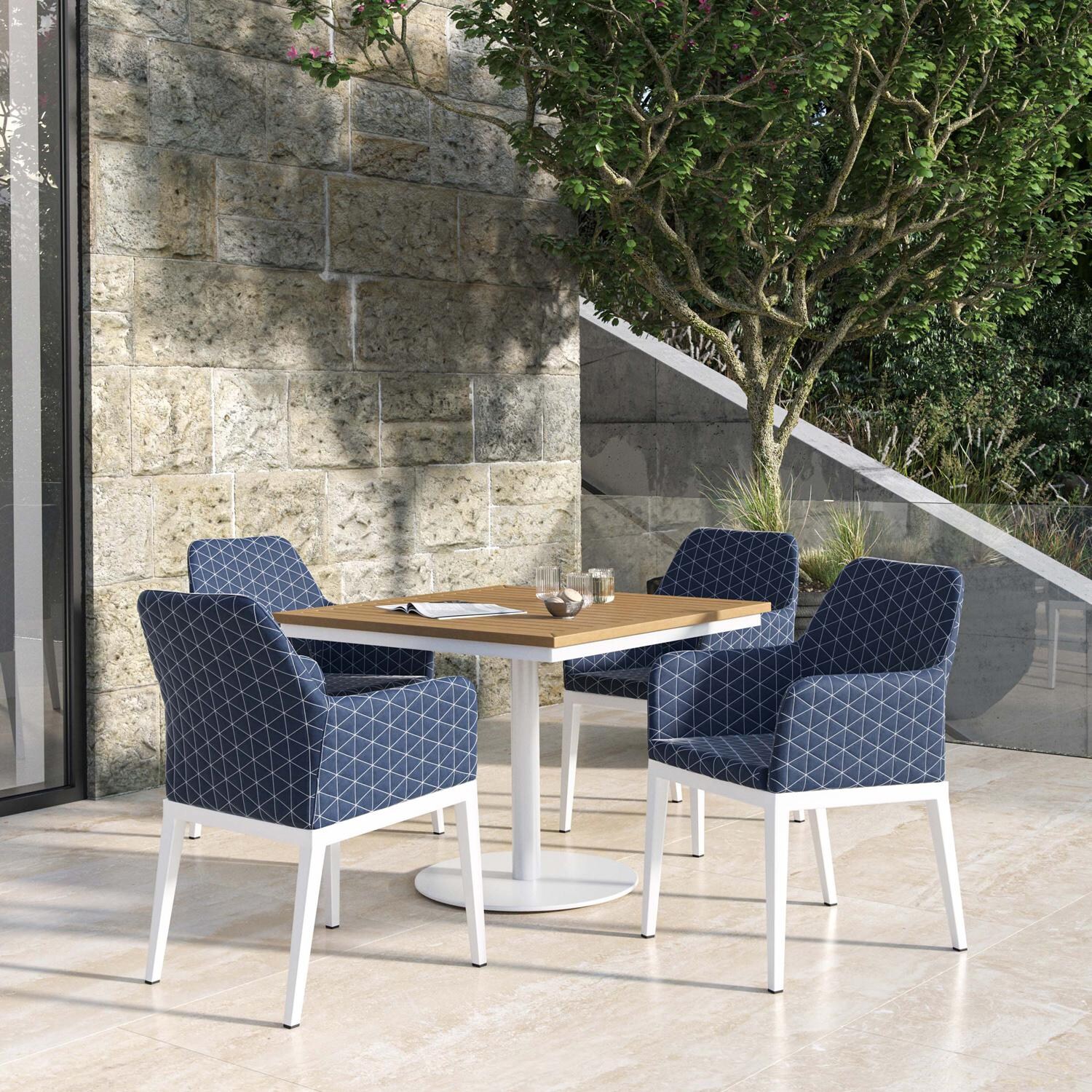 Oxford Garden Oland 5 Pc Aluminum Dining Set W/ Natural Tekwood Table Top in Chalk/Quilted Spectrum Indigo thumbnail