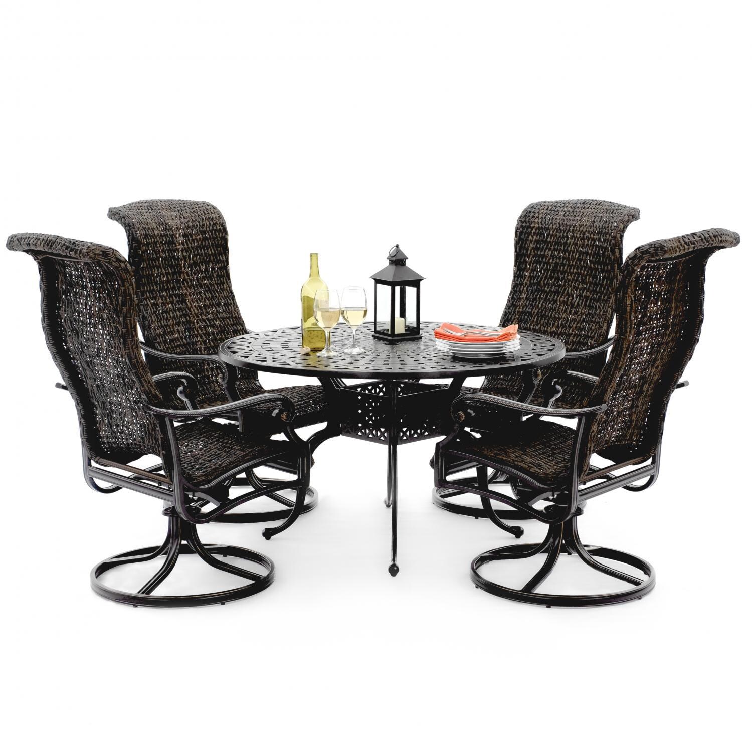 Du Monde 5 Piece Banana Leaf Wicker Patio Dining Set W/ 48-Inch Round Dining Table & Swivel Rockers thumbnail